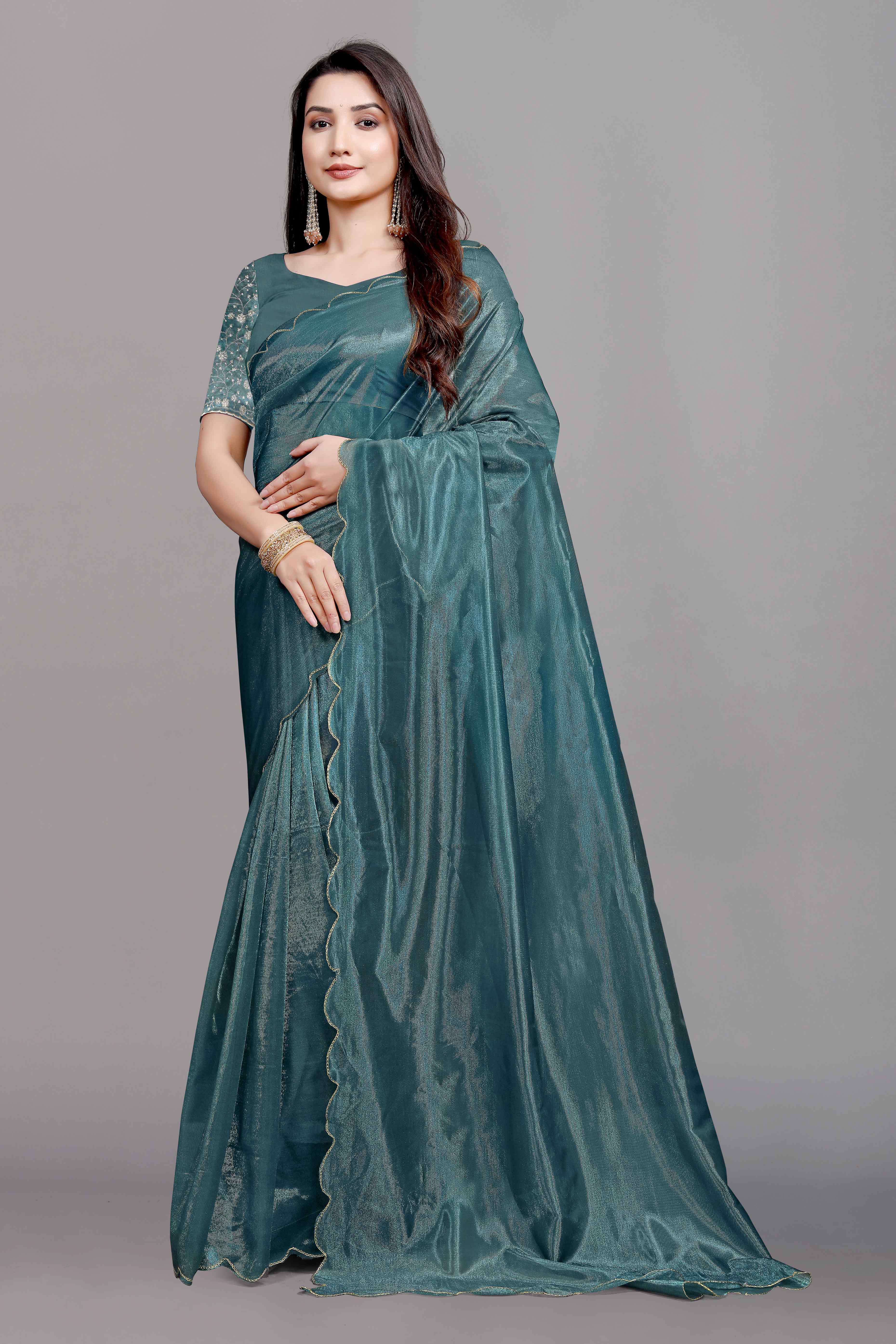 Teal Solid Net Saree With Zari Border