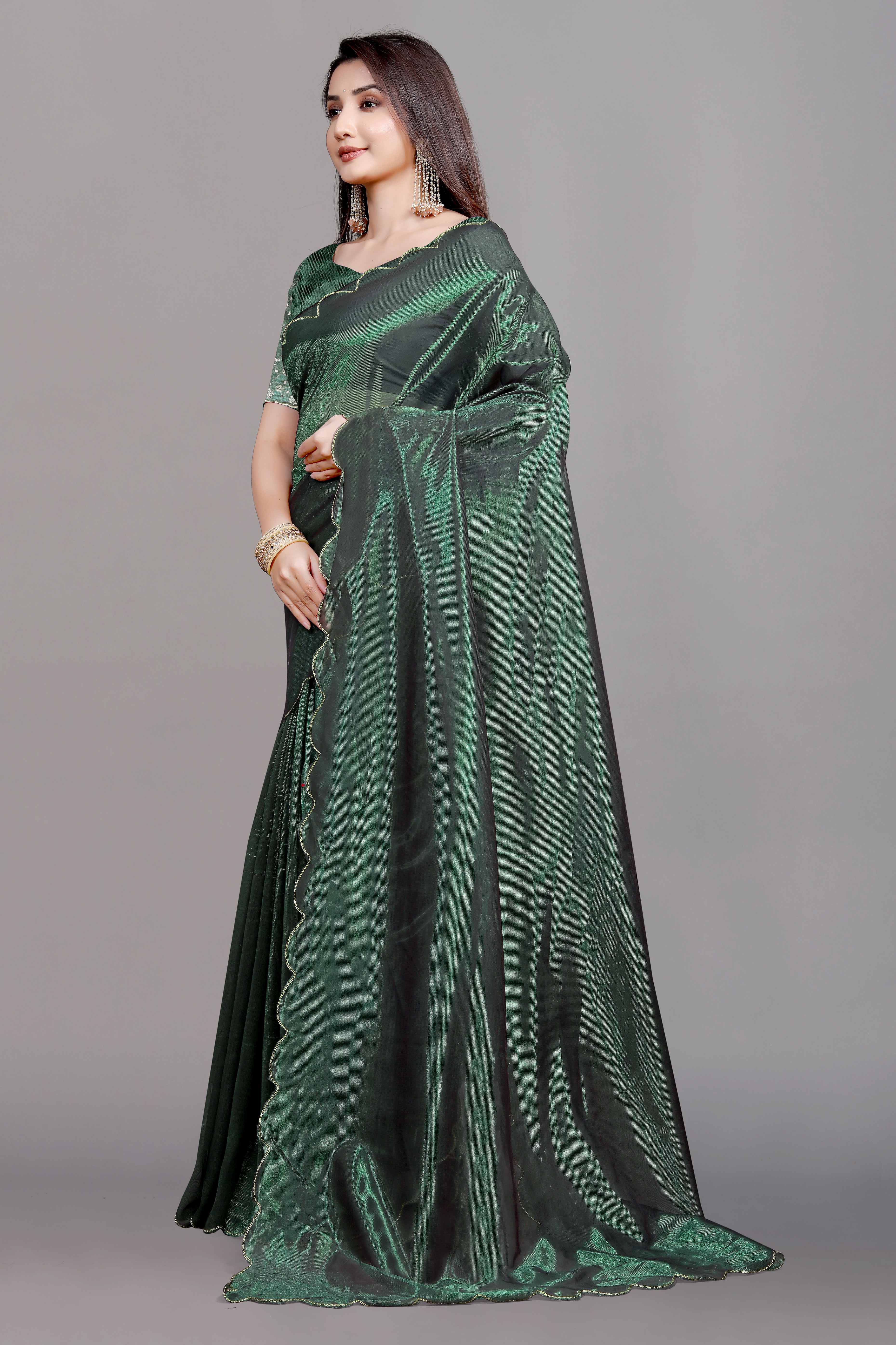 Green Solid Net Saree With Zari Border
