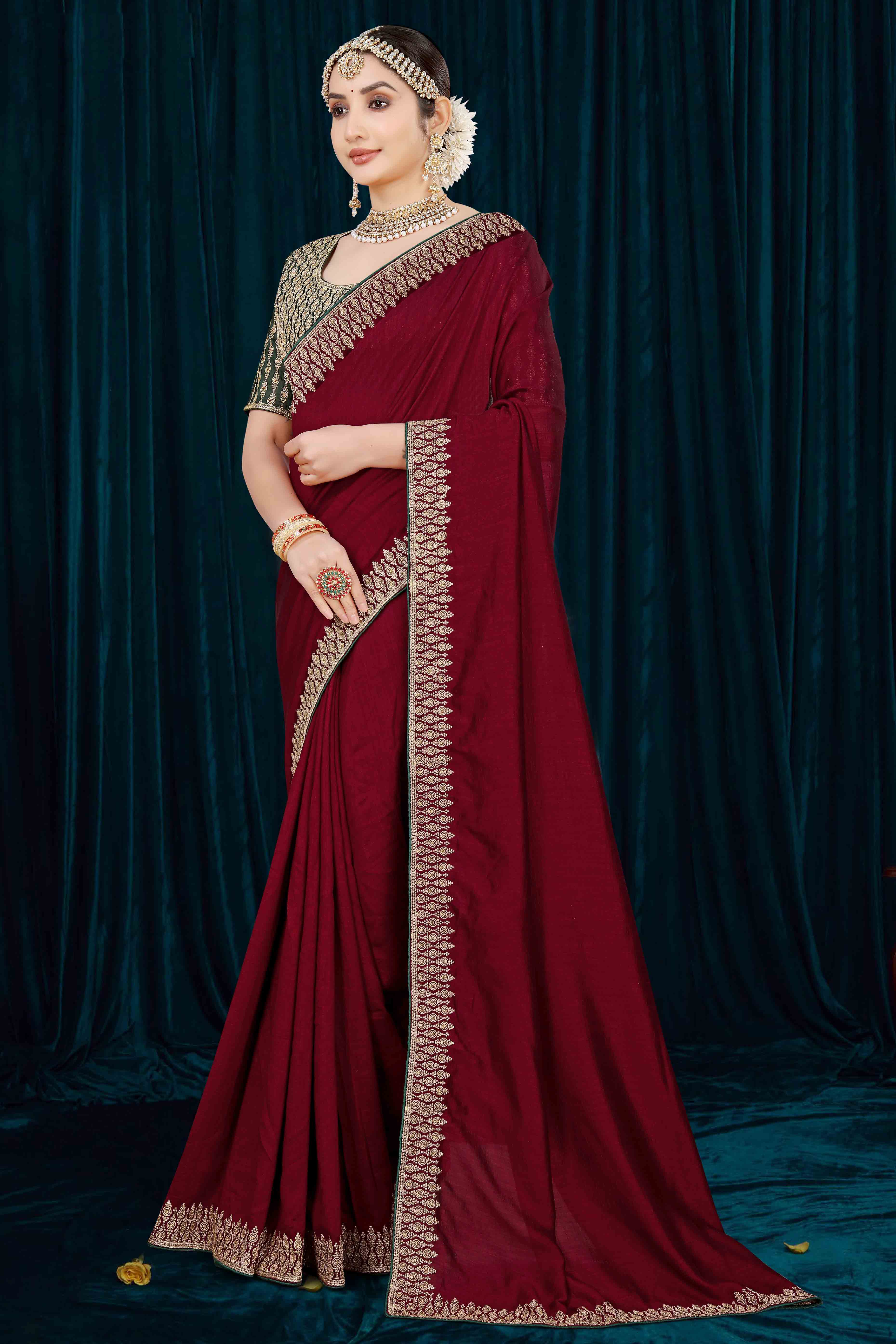 Maroon Solid With Zari Embroidered Vichitra Silk Saree