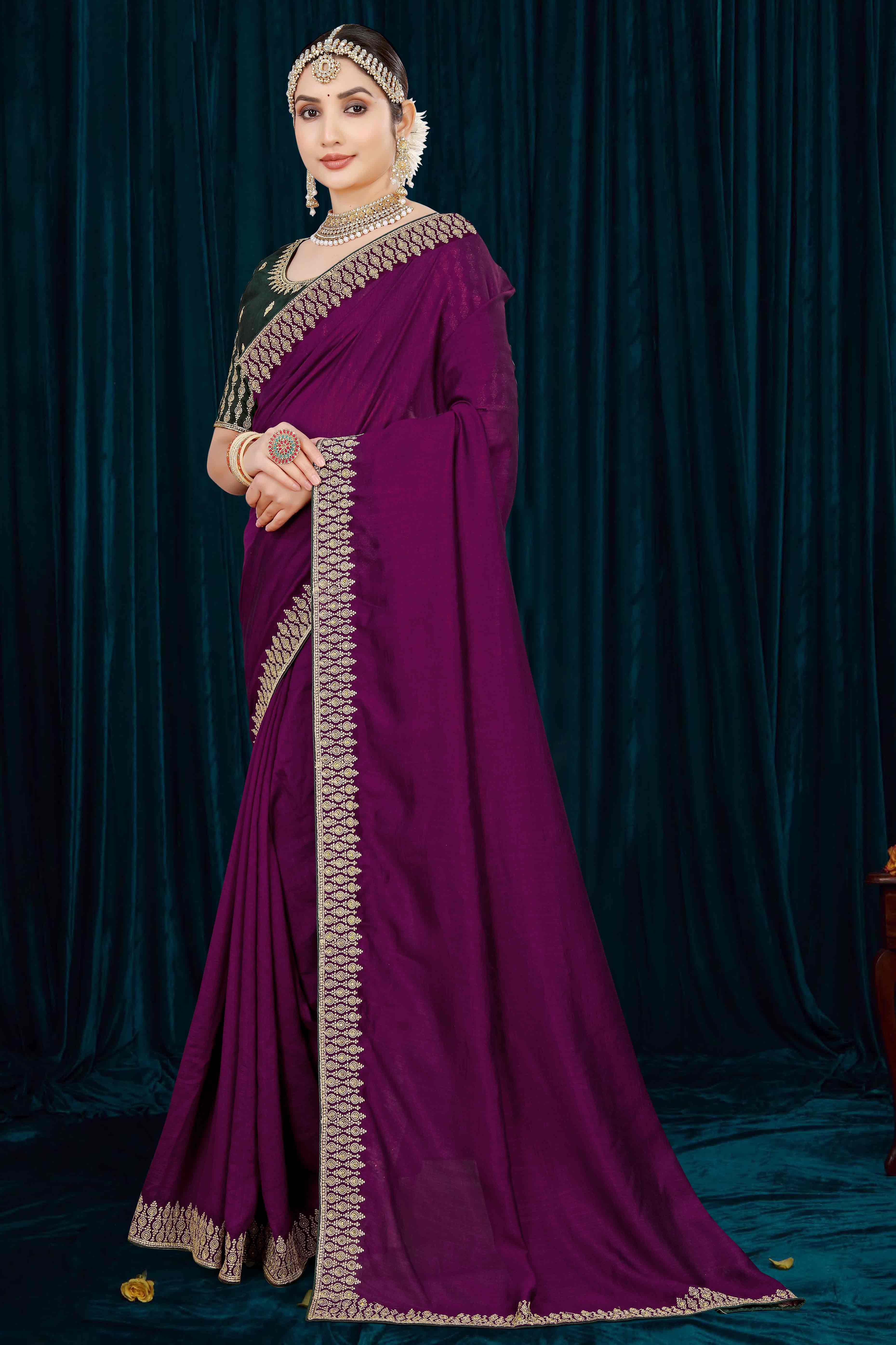 Wine Solid With Zari Embroidered Vichitra Silk Saree