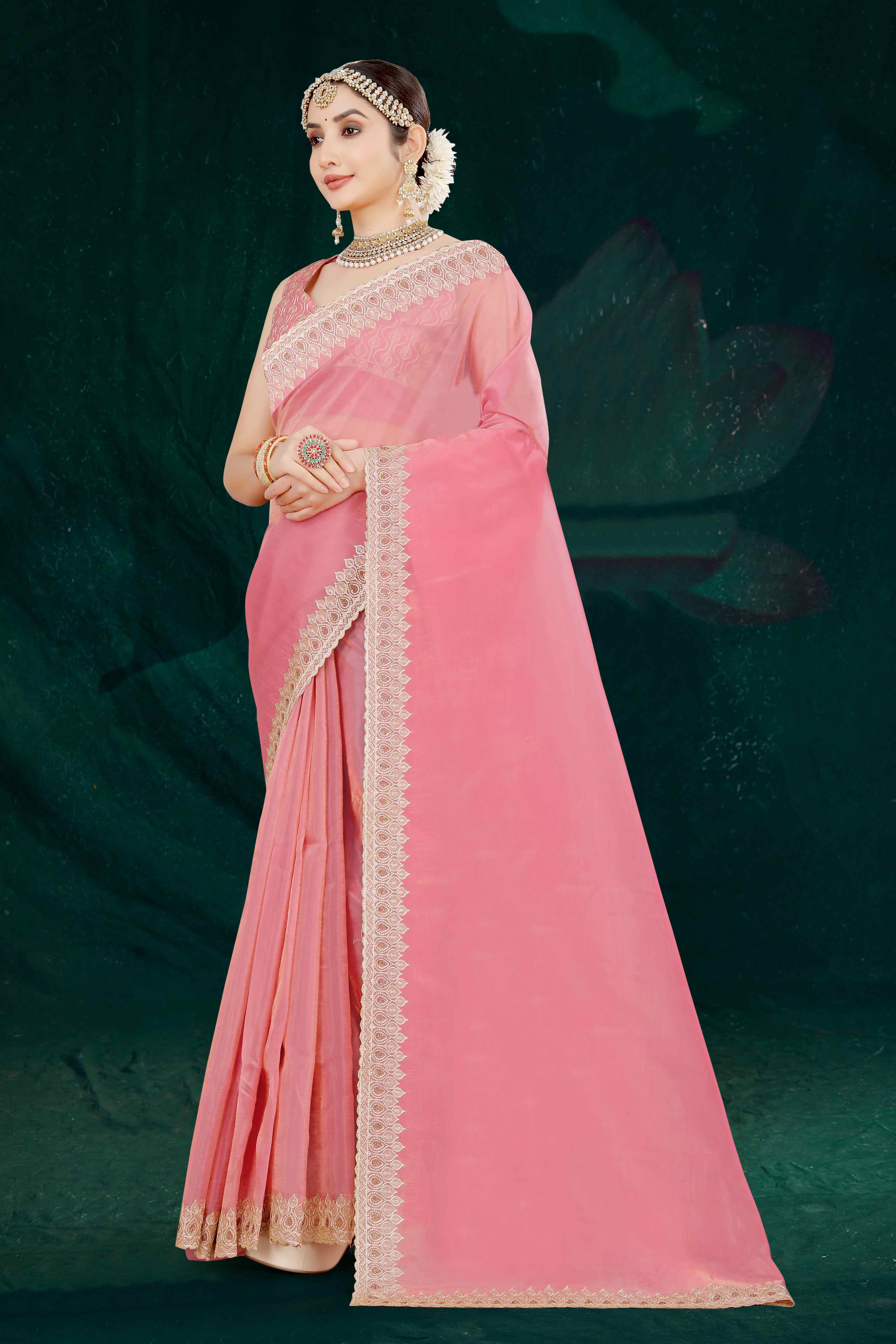 Pink Solid With Swarovski Work Tissue Gold Crush Saree