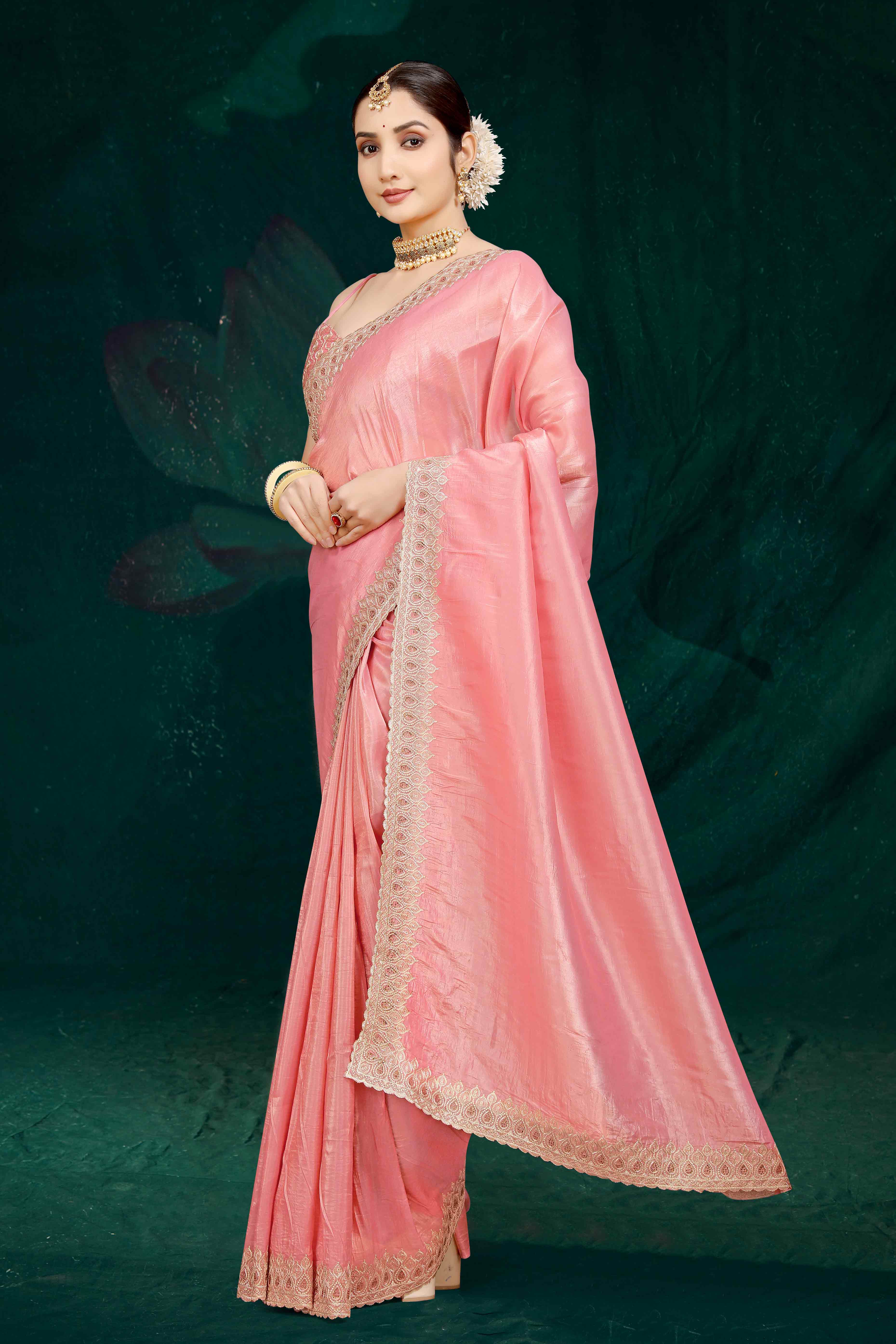 Peach Solid With Swarovski Work Tissue Gold Crush Saree