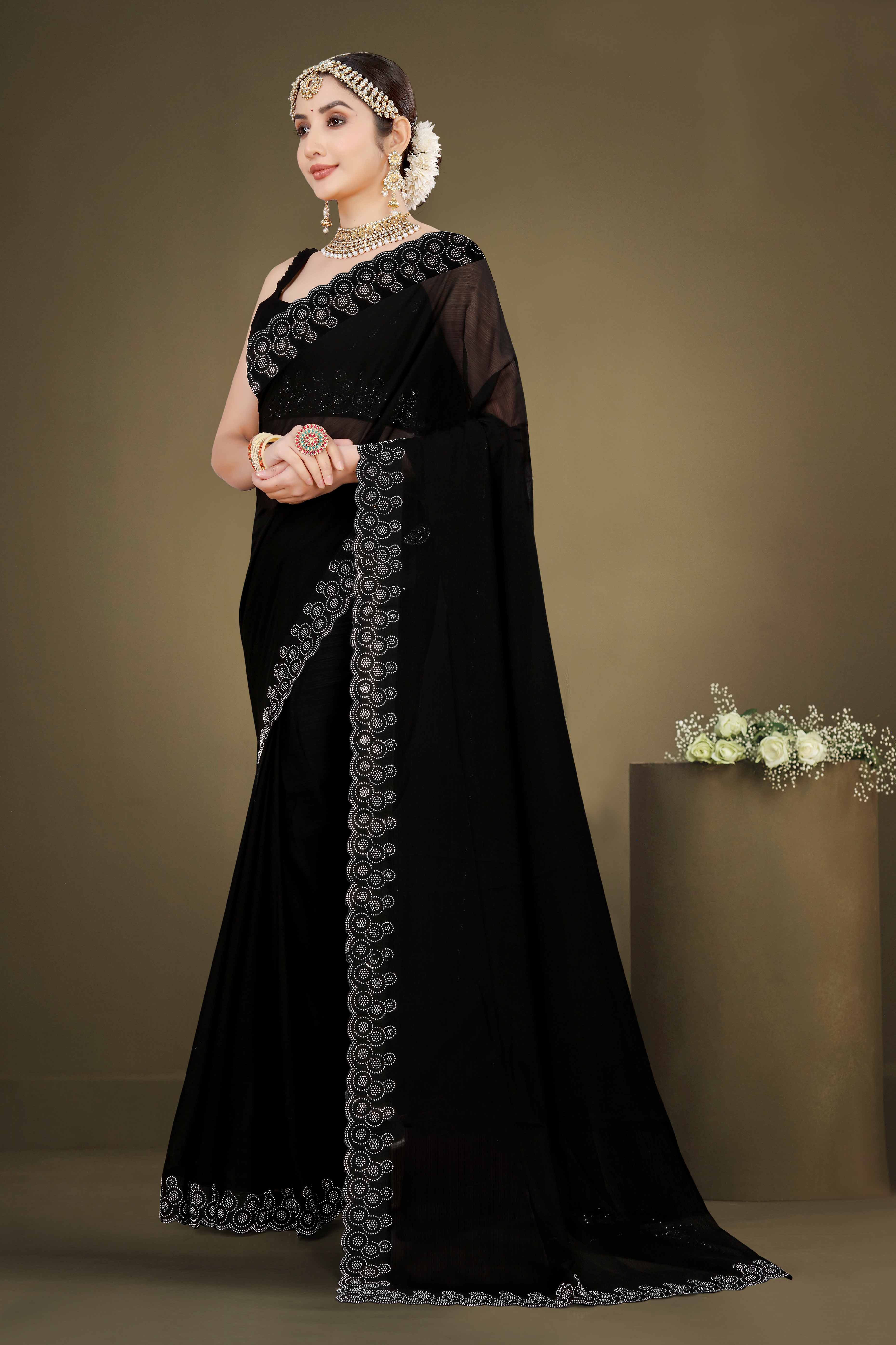 Black Solid With Swarovski Work Chiffon Saree