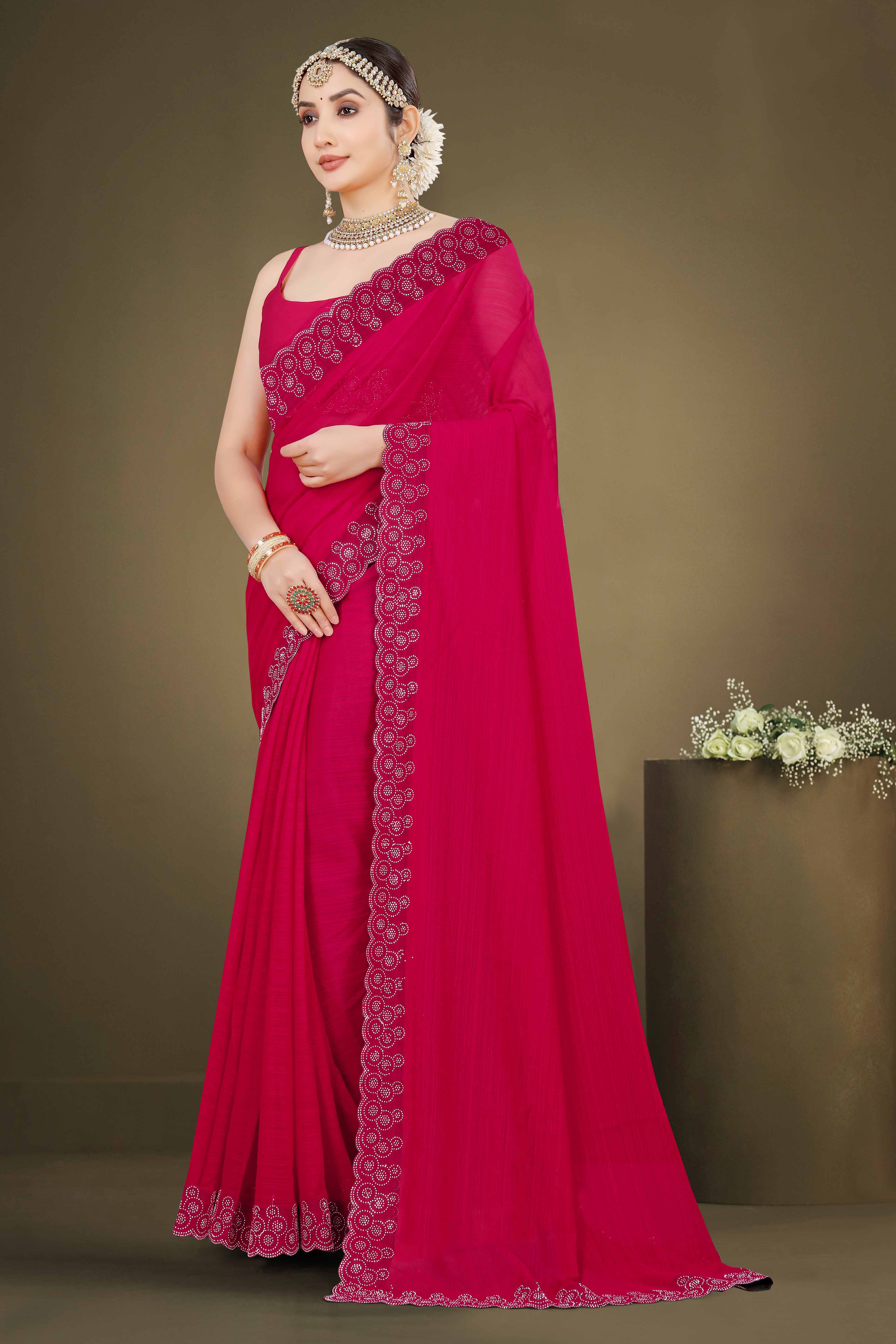 Rani Pink Solid With Swarovski Work Chiffon Saree