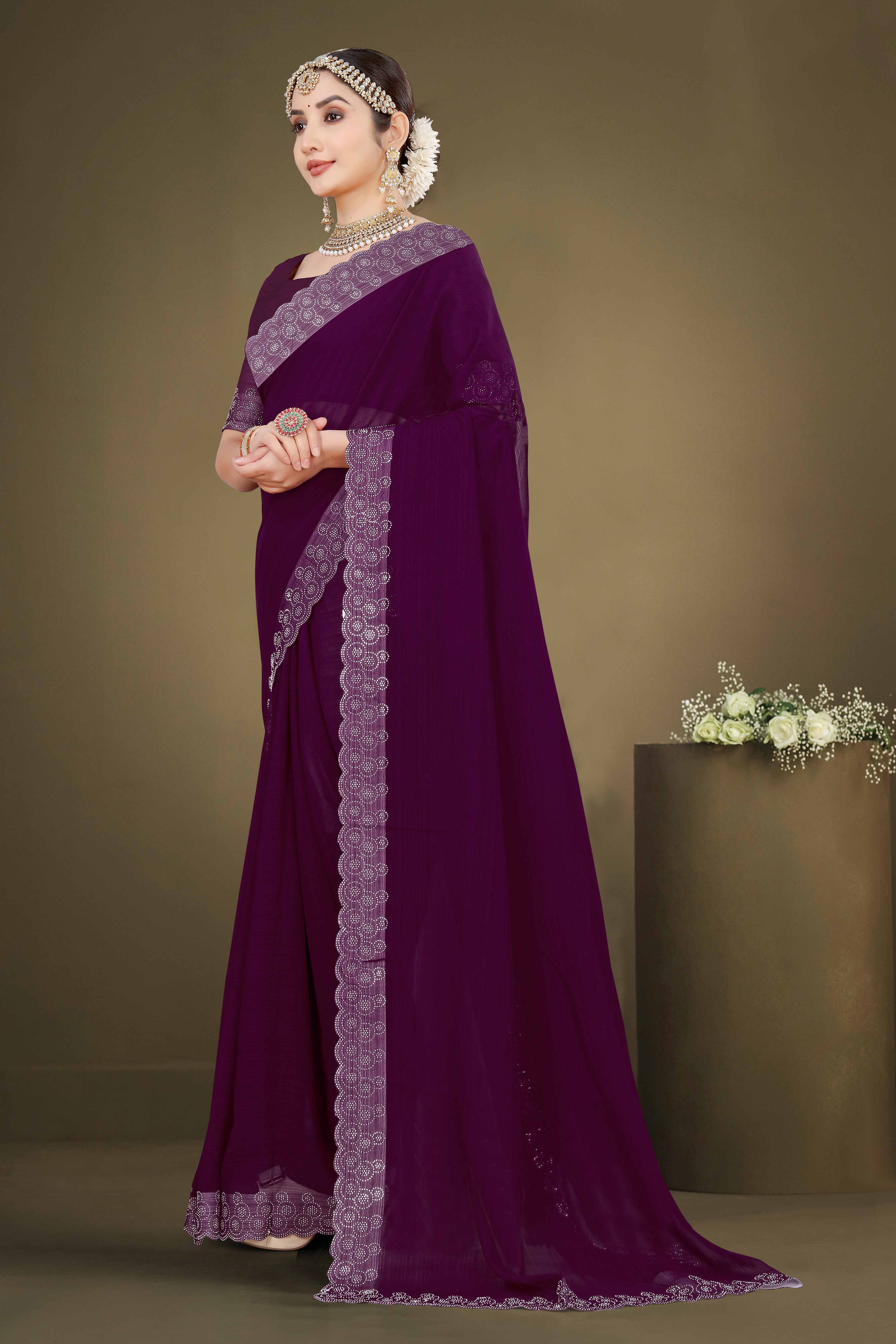 Wine Solid With Swarovski Work Chiffon Saree