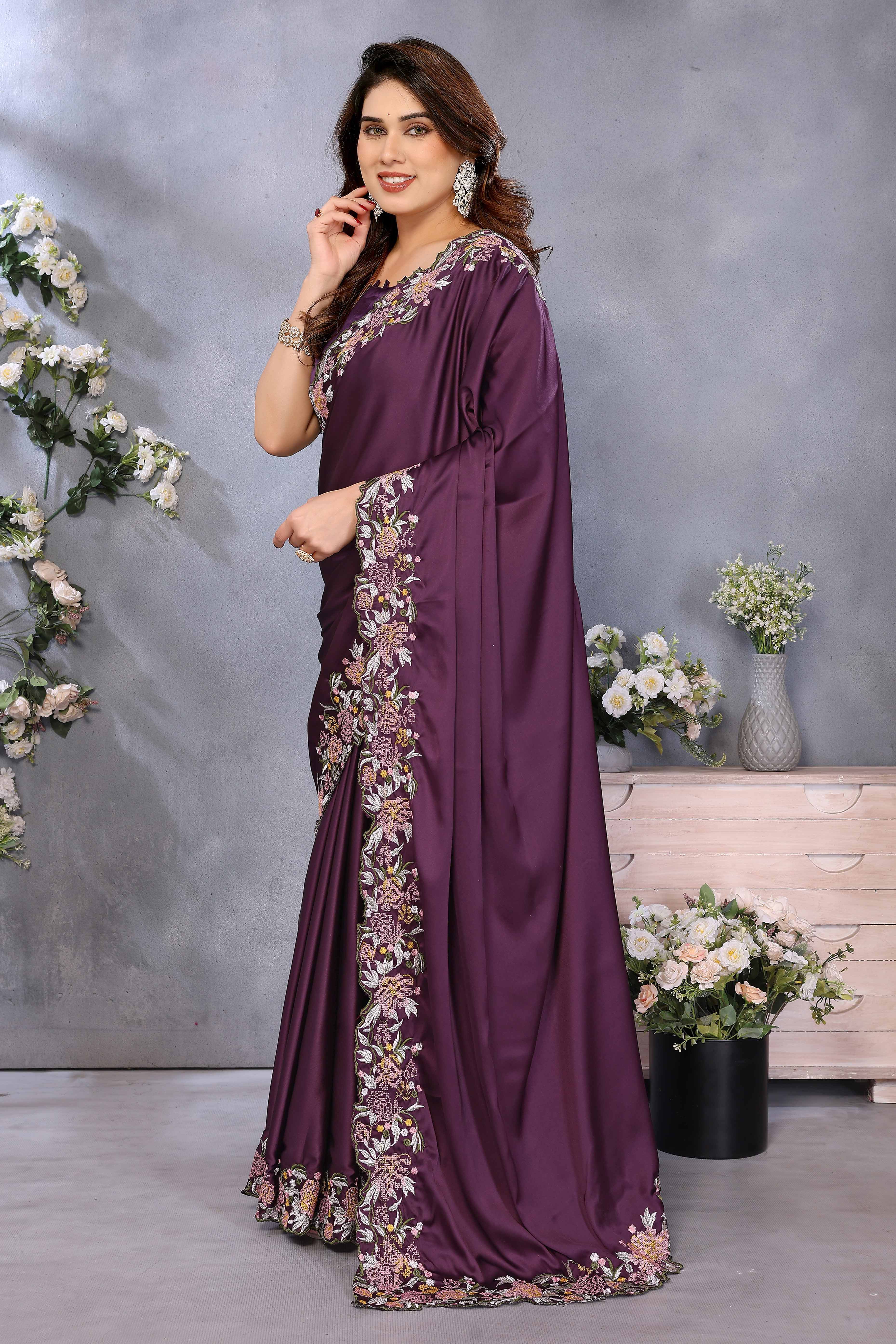 Deep Wine Satin Saree Featuring Floral Embroidery and Elegant Resham Thread Work