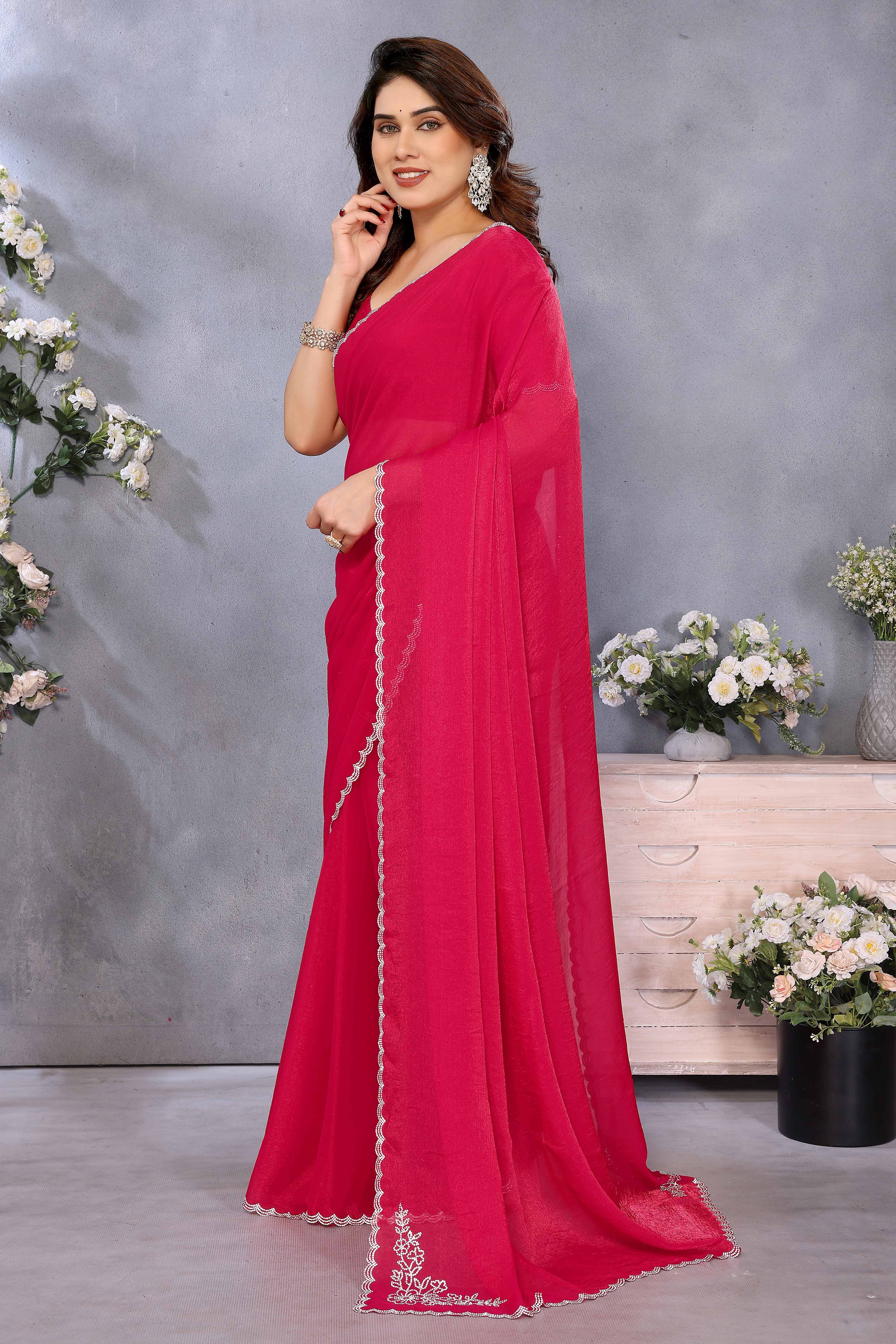 Dark Pink Partywear Chiffon Saree Featuring Intricate Swarovski Stone Embellishment