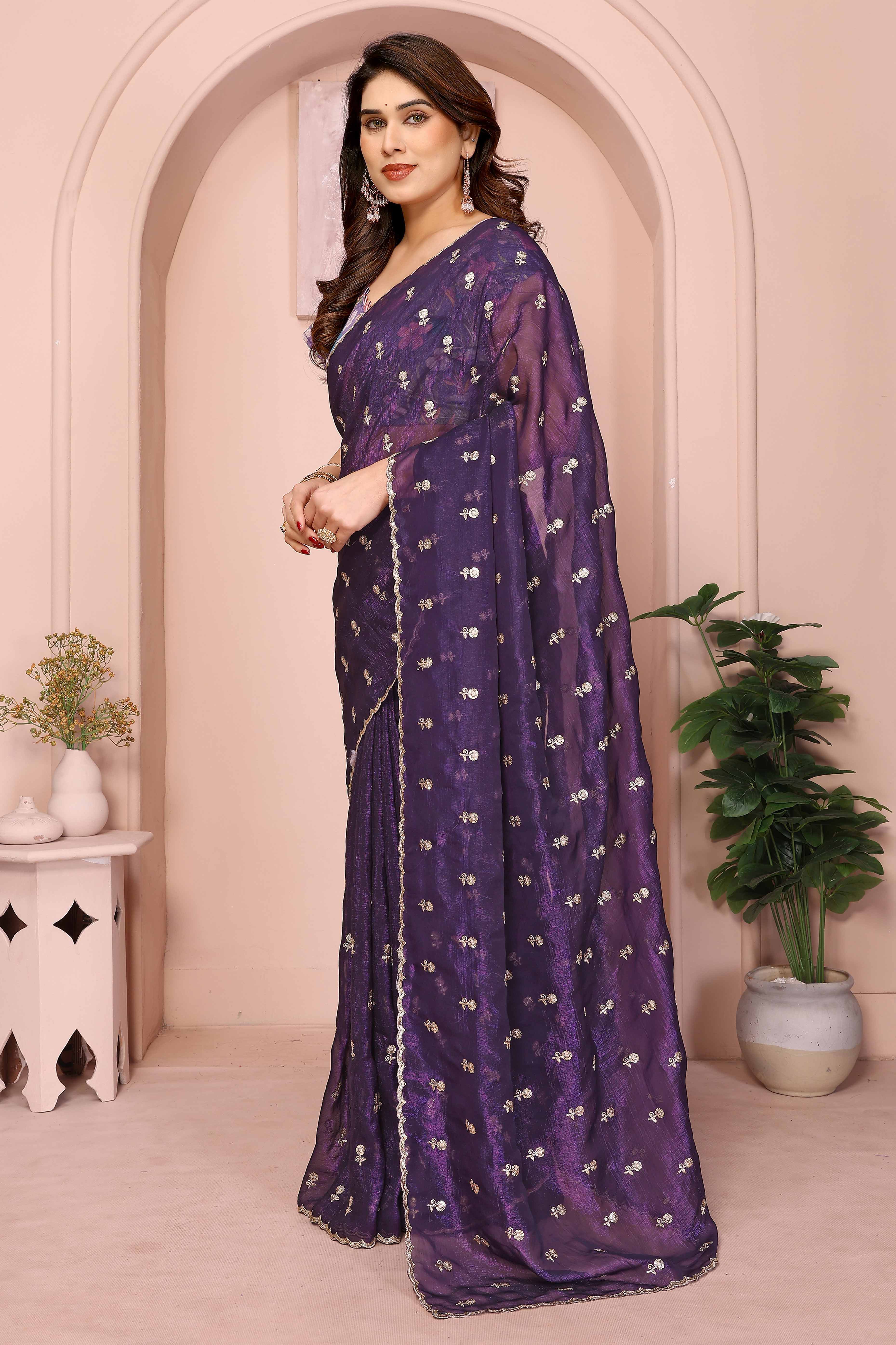 Rich Purple Silk Blend Saree with Intricate Floral Sequins Embroidery – A Glamorous Statement Piece