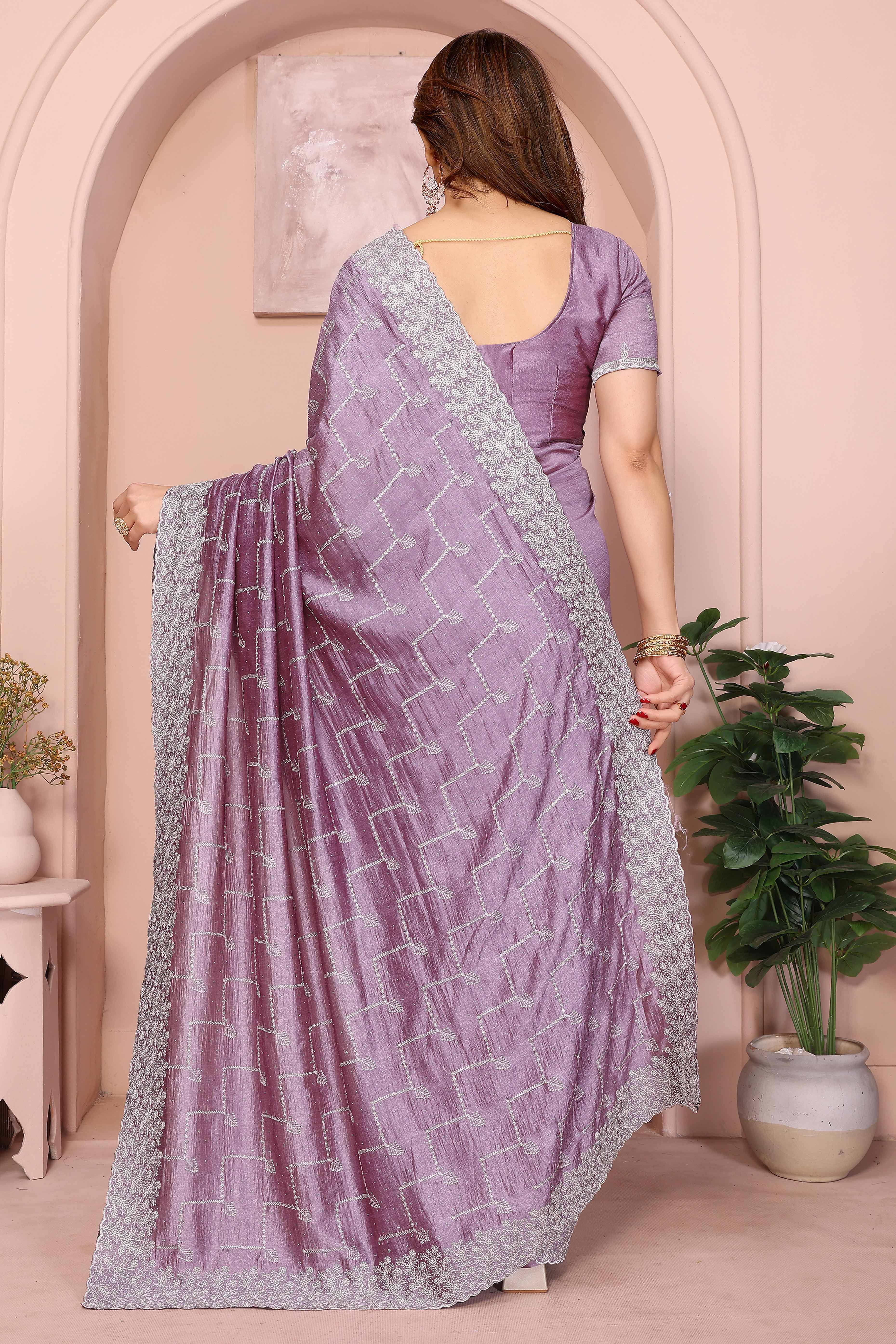 Lavender Vichitra Silk Saree with Traditional Zari Embroidery and Elegant Stone Work