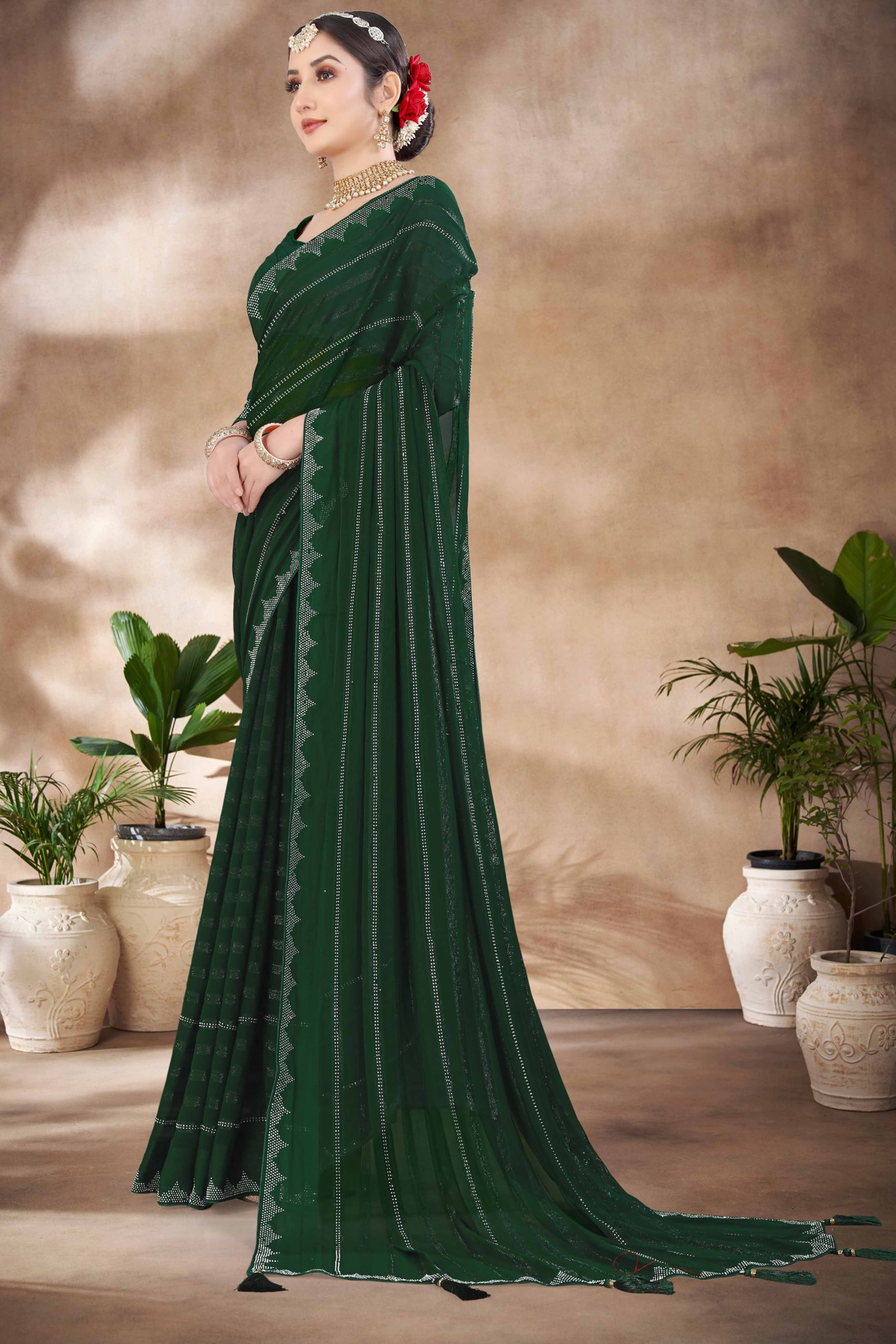 Green Chiffon Party Saree Featuring Delicate Stone Embellishments