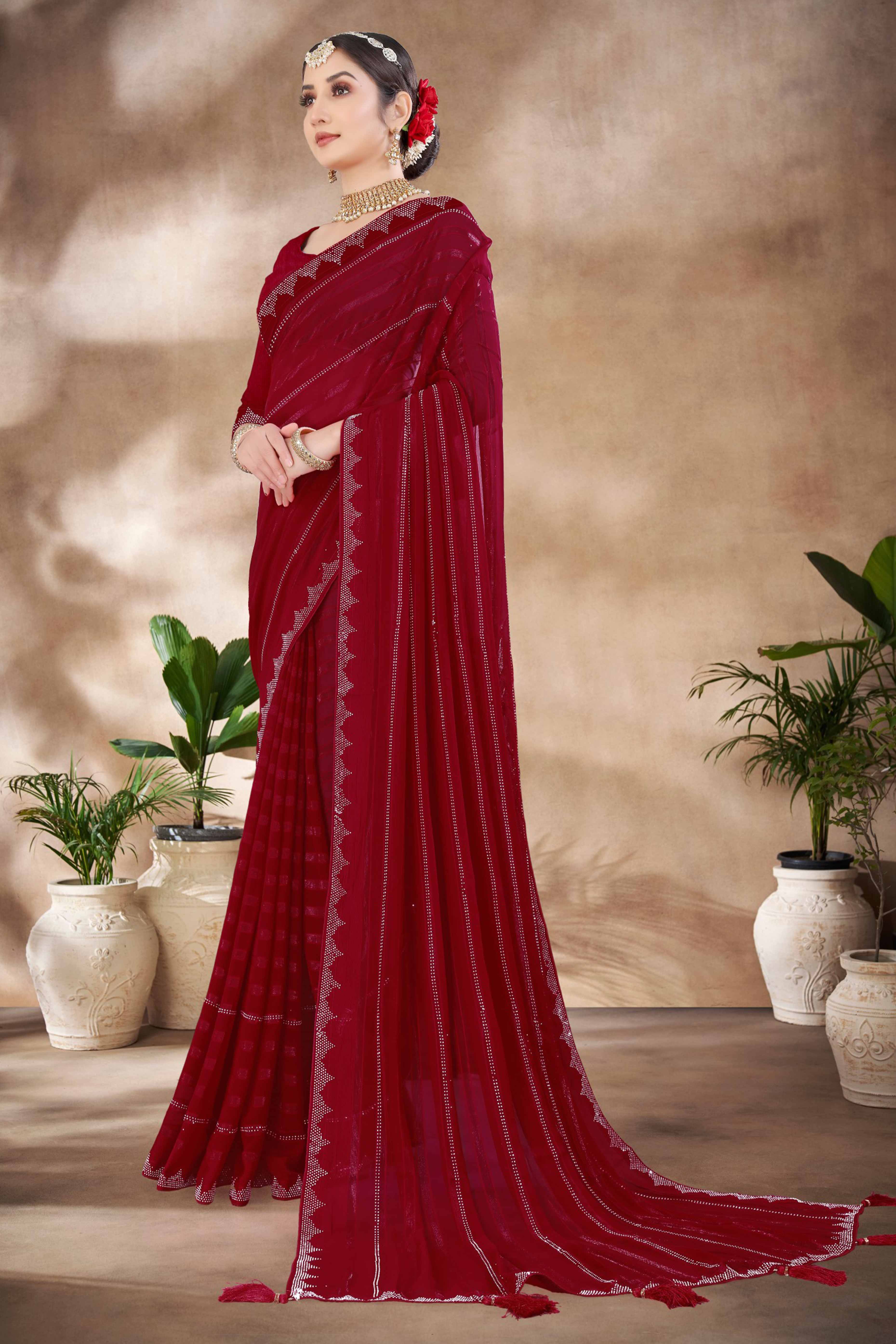 Maroon Chiffon Party Saree Featuring Delicate Stone Embellishments