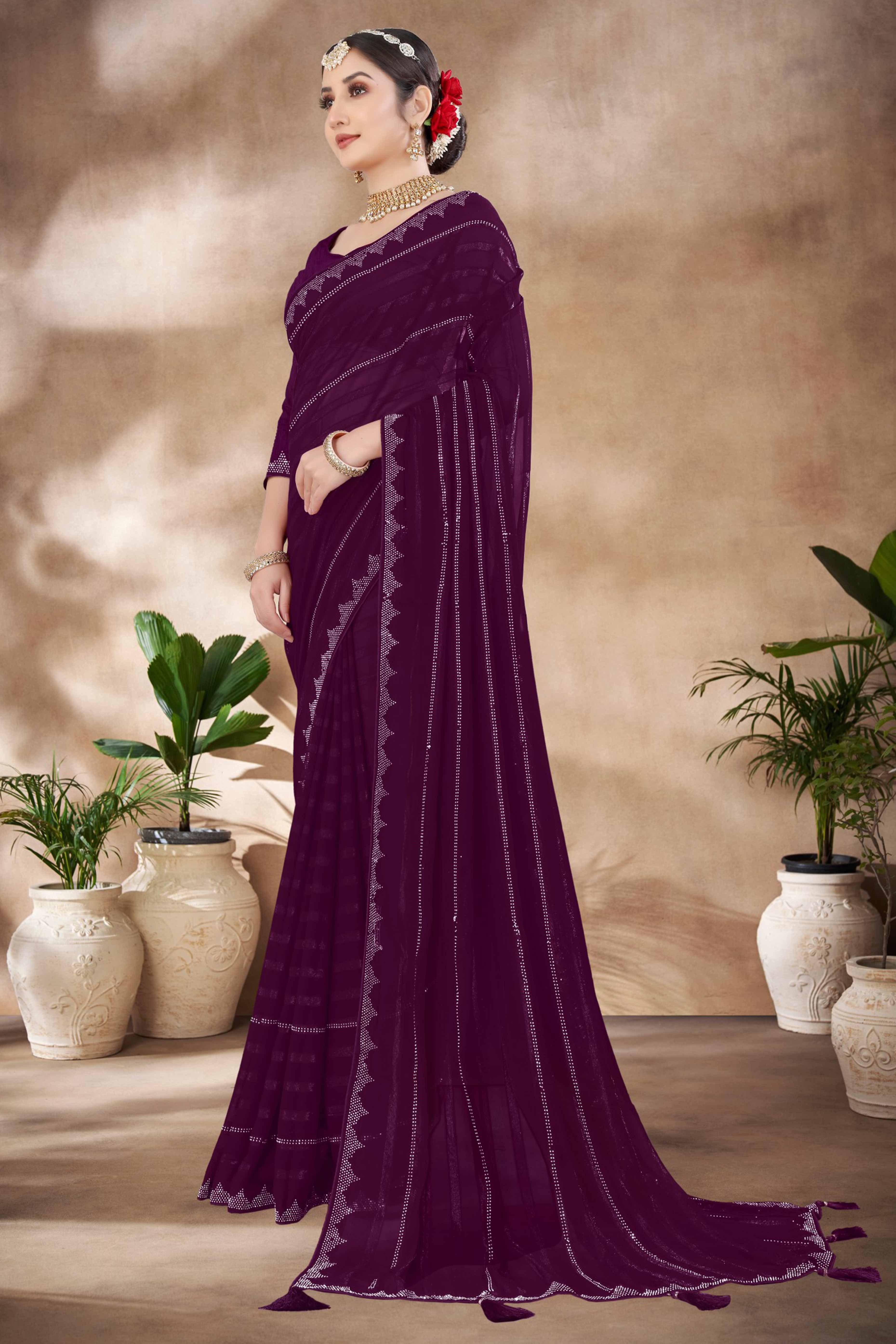 Purple Chiffon Party Saree Featuring Delicate Stone Embellishments