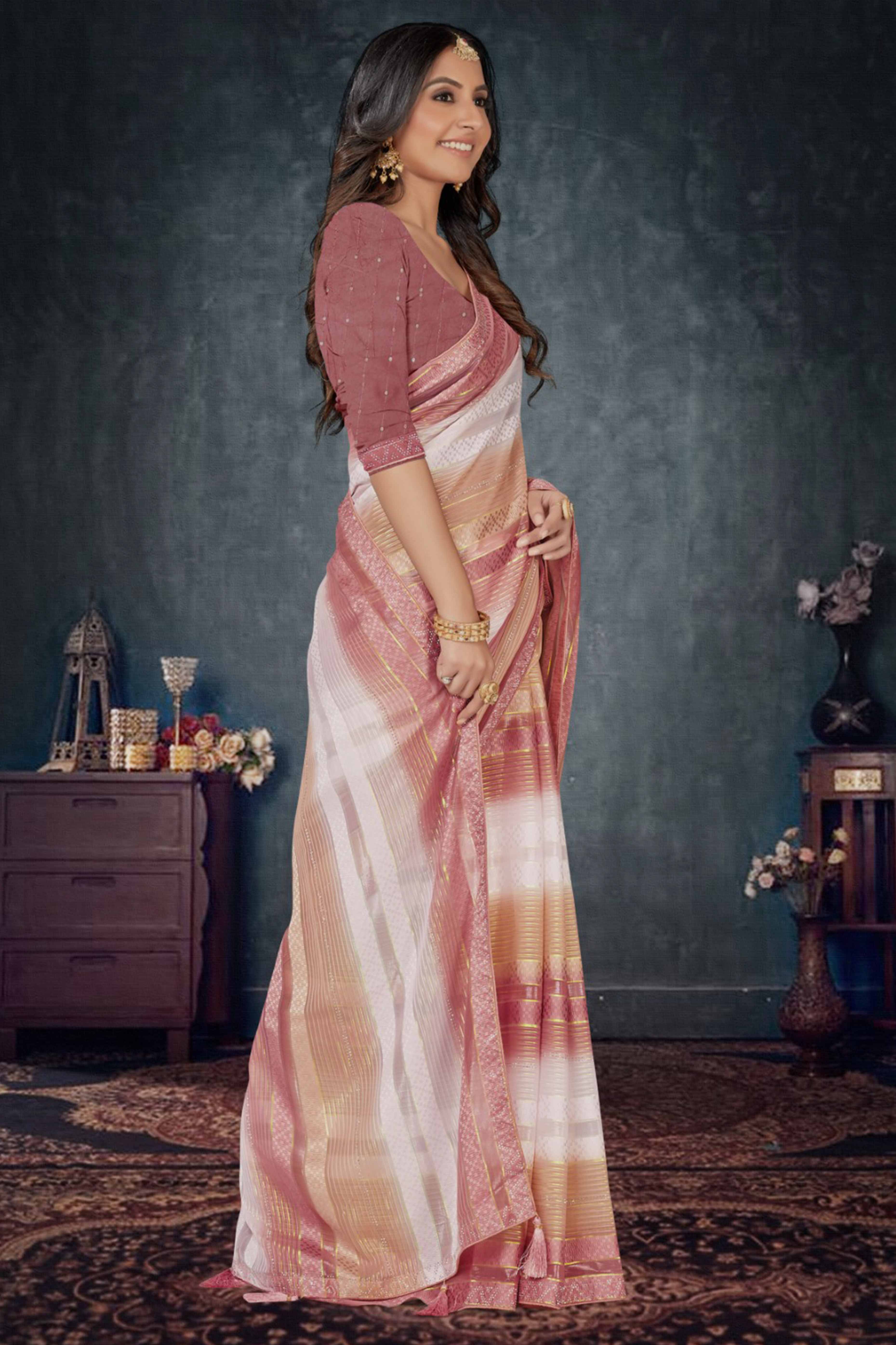 Rose Pink Woven Design Saree Crafted in Sheer and Elegant Poly Georgette