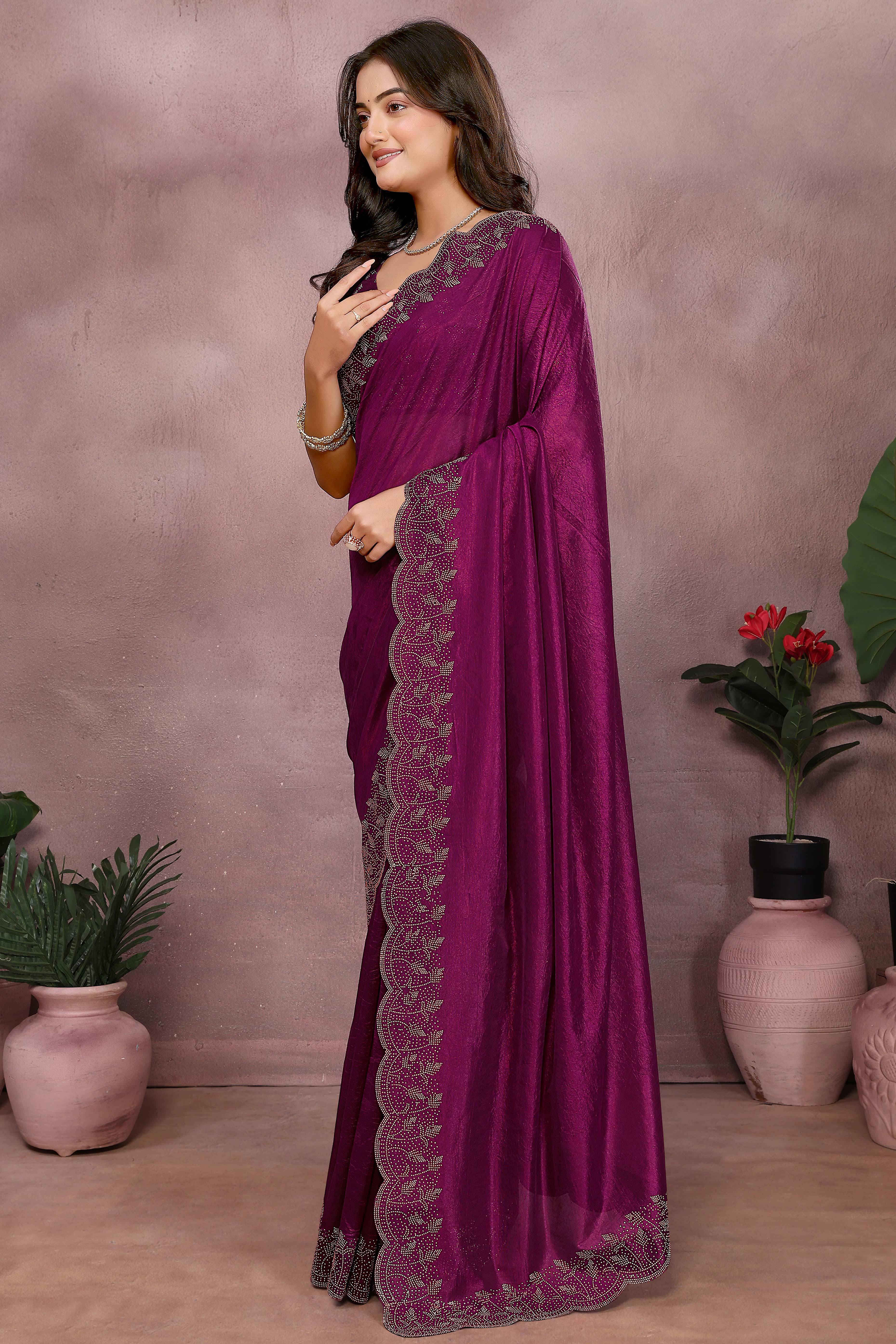 Party Ready Magenta Imported Lycra Saree with Glittering Stone Embroidery