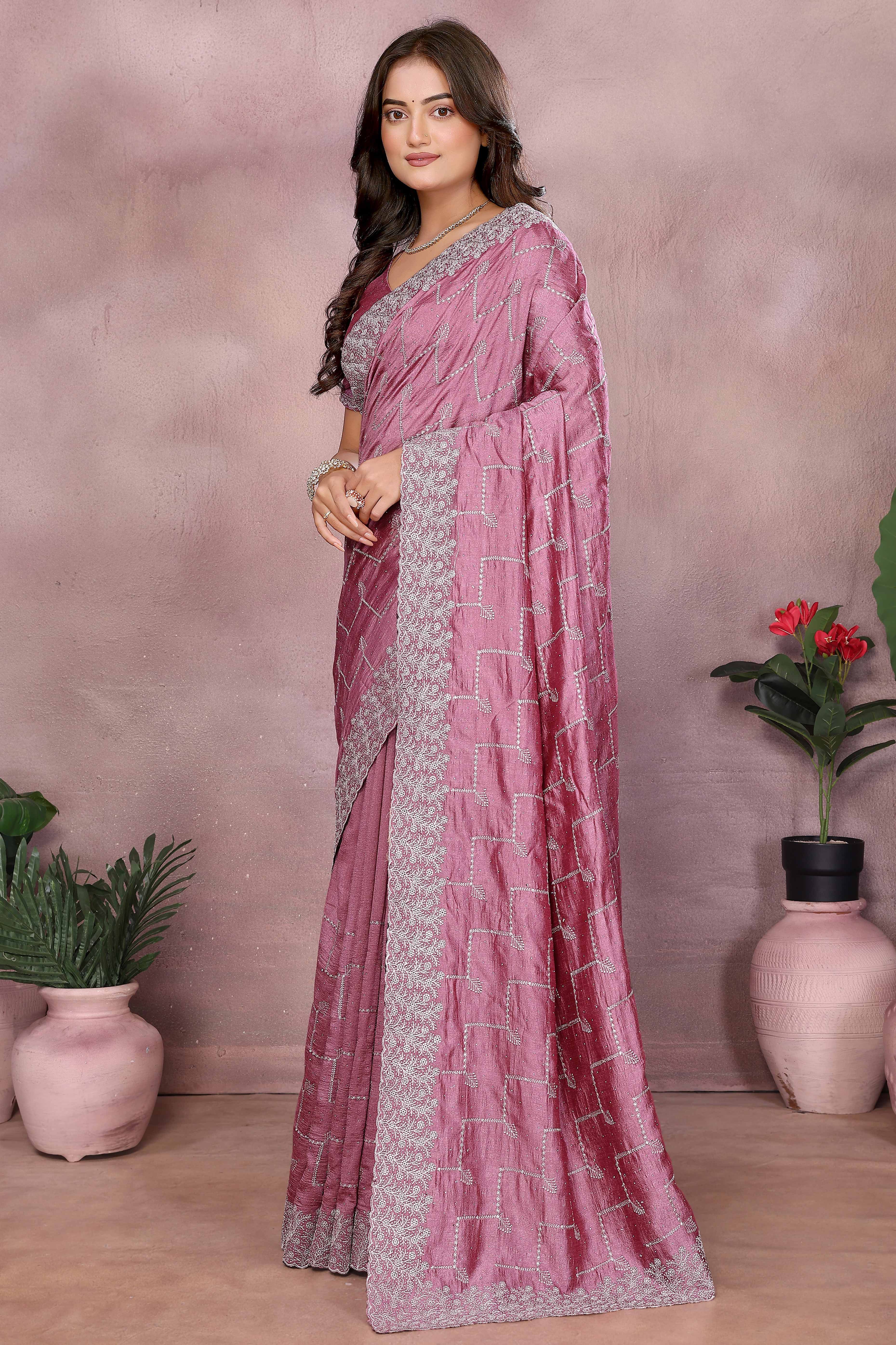 Modern Mauve Embroidered Vichitra Silk Saree for Weddings and Festive Occasions