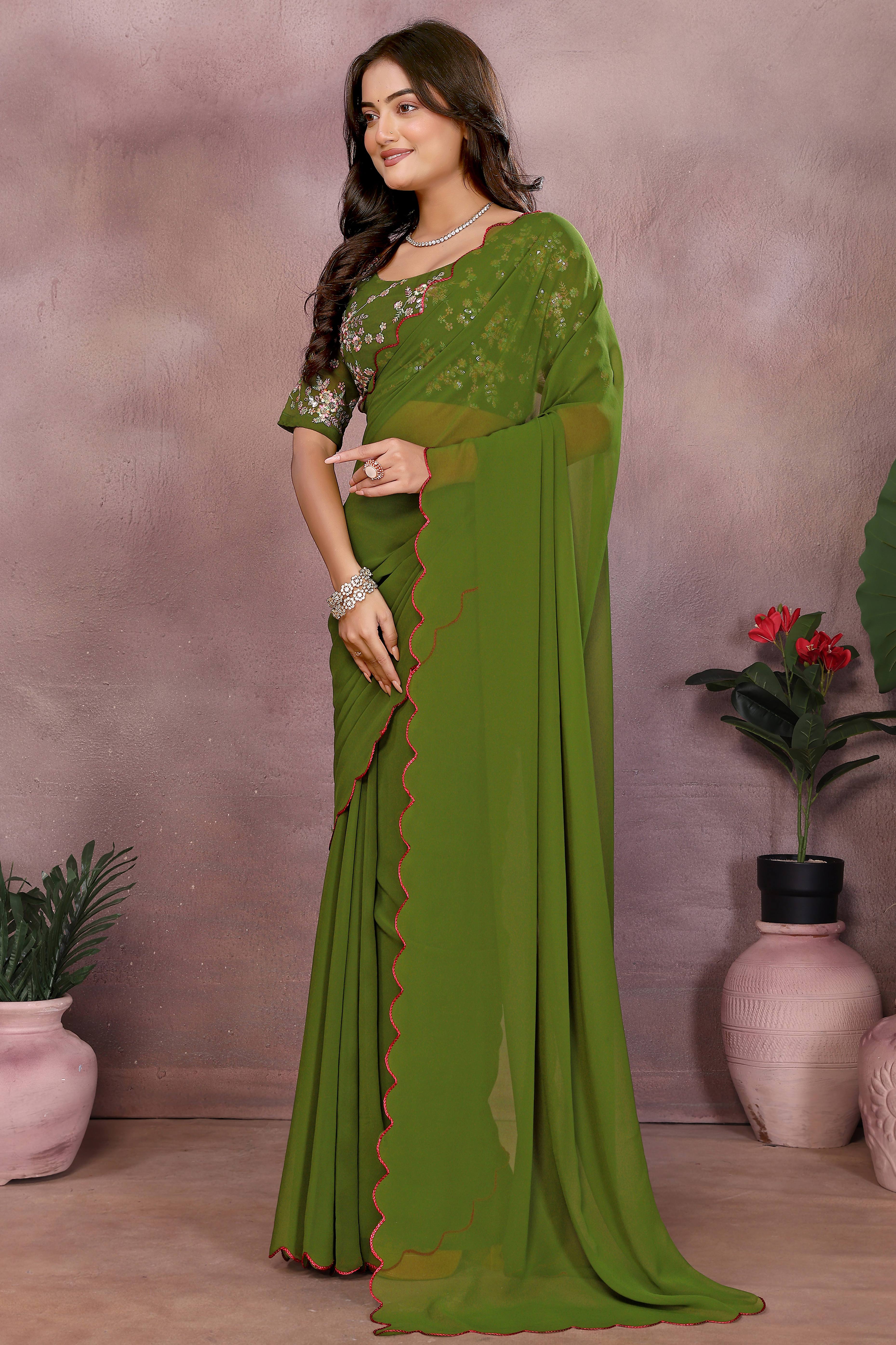 Sophisticated Green Party Wear Saree in Flowing Georgette Fabric With Embellished Blouse