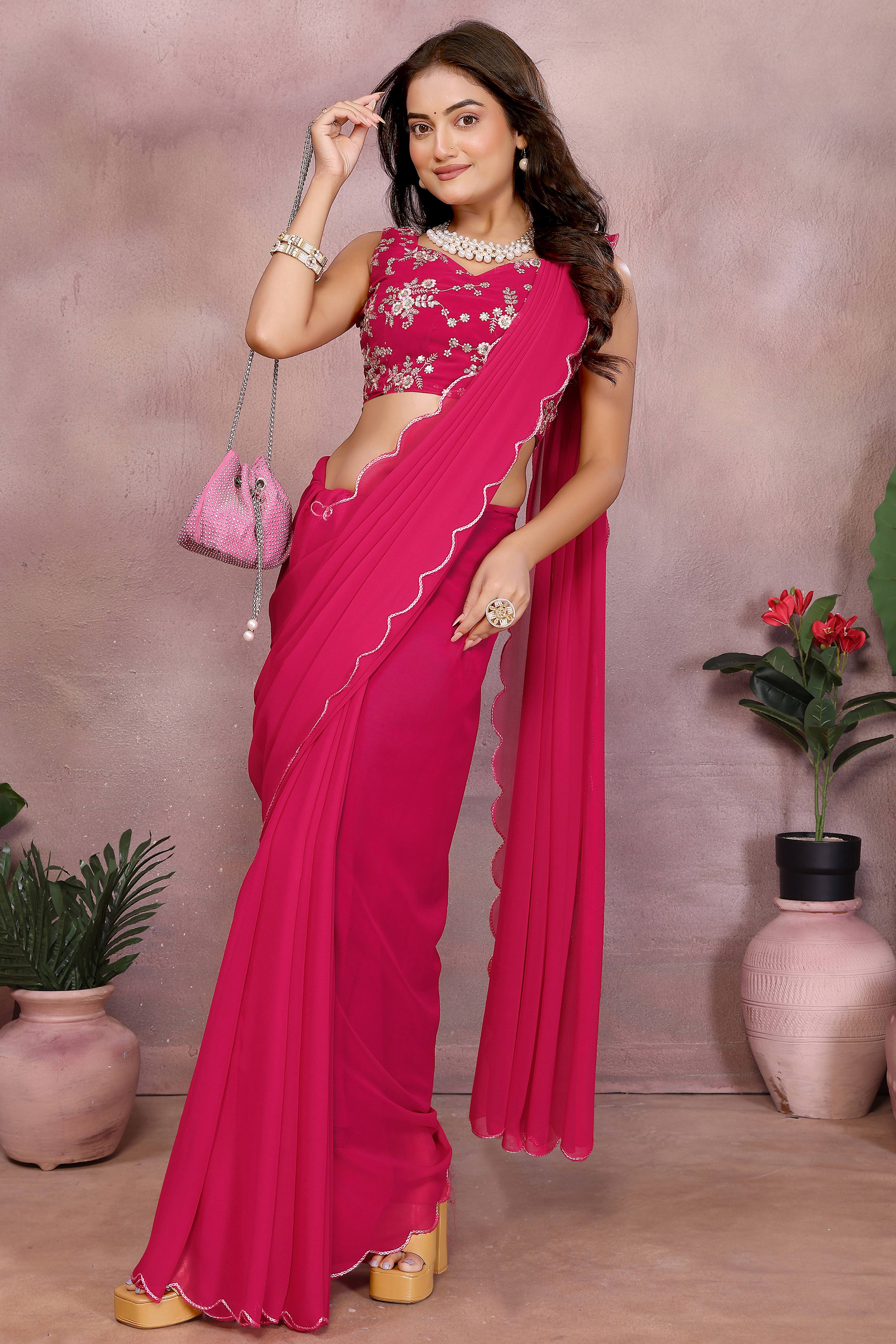 Sophisticated Pink Party Wear Saree in Georgette Fabric With Embellished Blouse