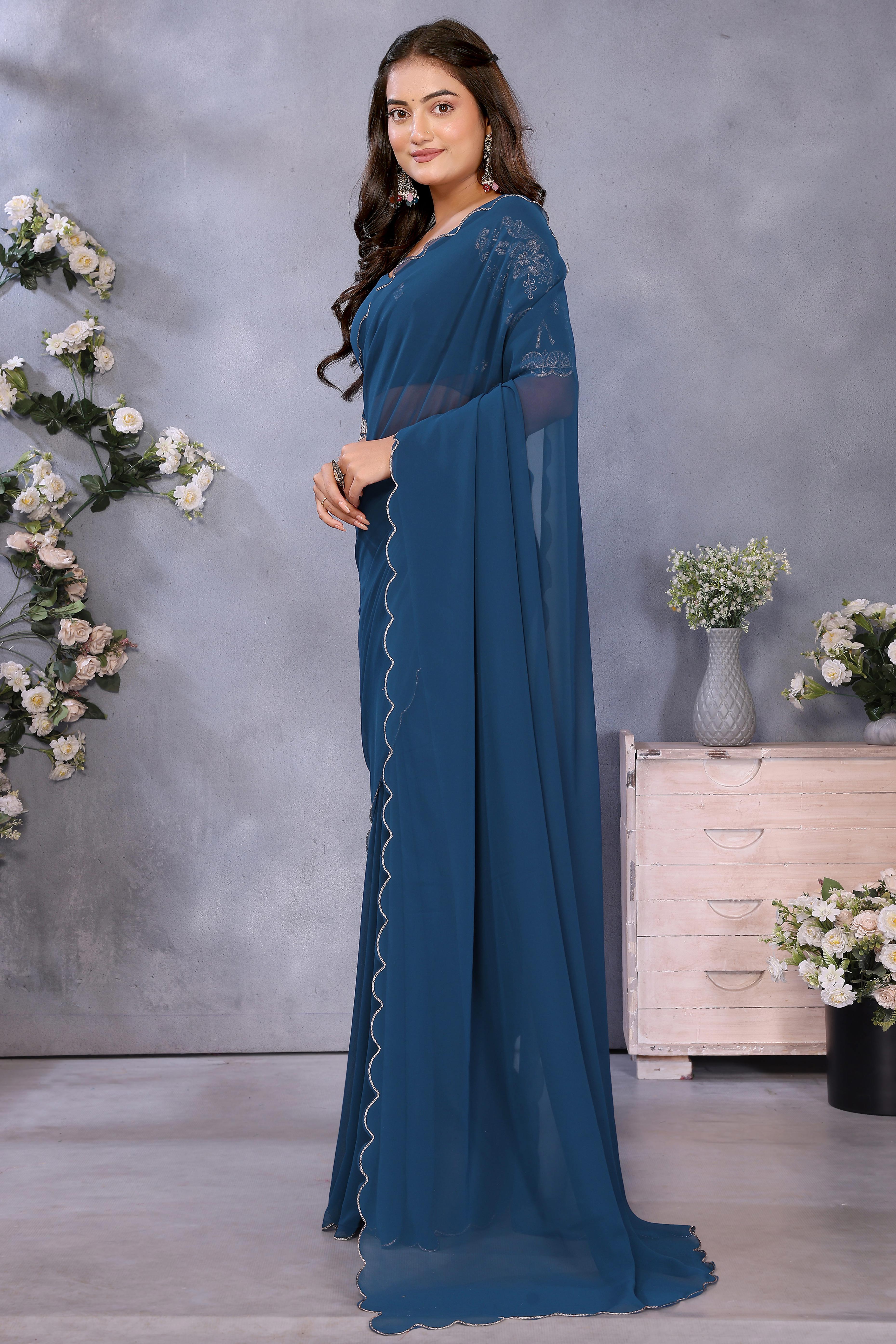 Sophisticated Teal Party Wear Saree in Flowing Georgette Fabric With Embellished Blouse