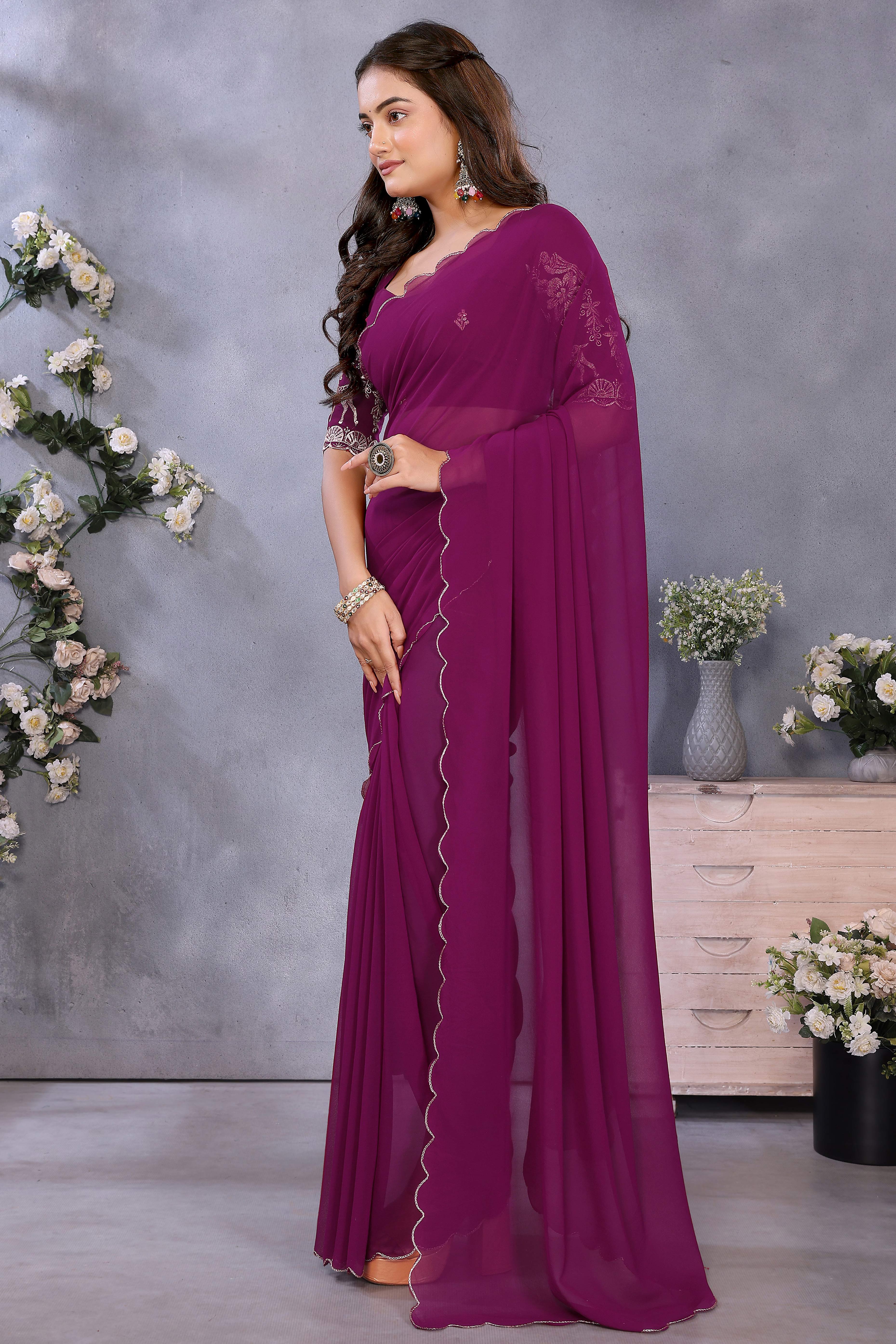 Sophisticated Purple Party Wear Saree in Flowing Georgette Fabric With Embellished Blouse
