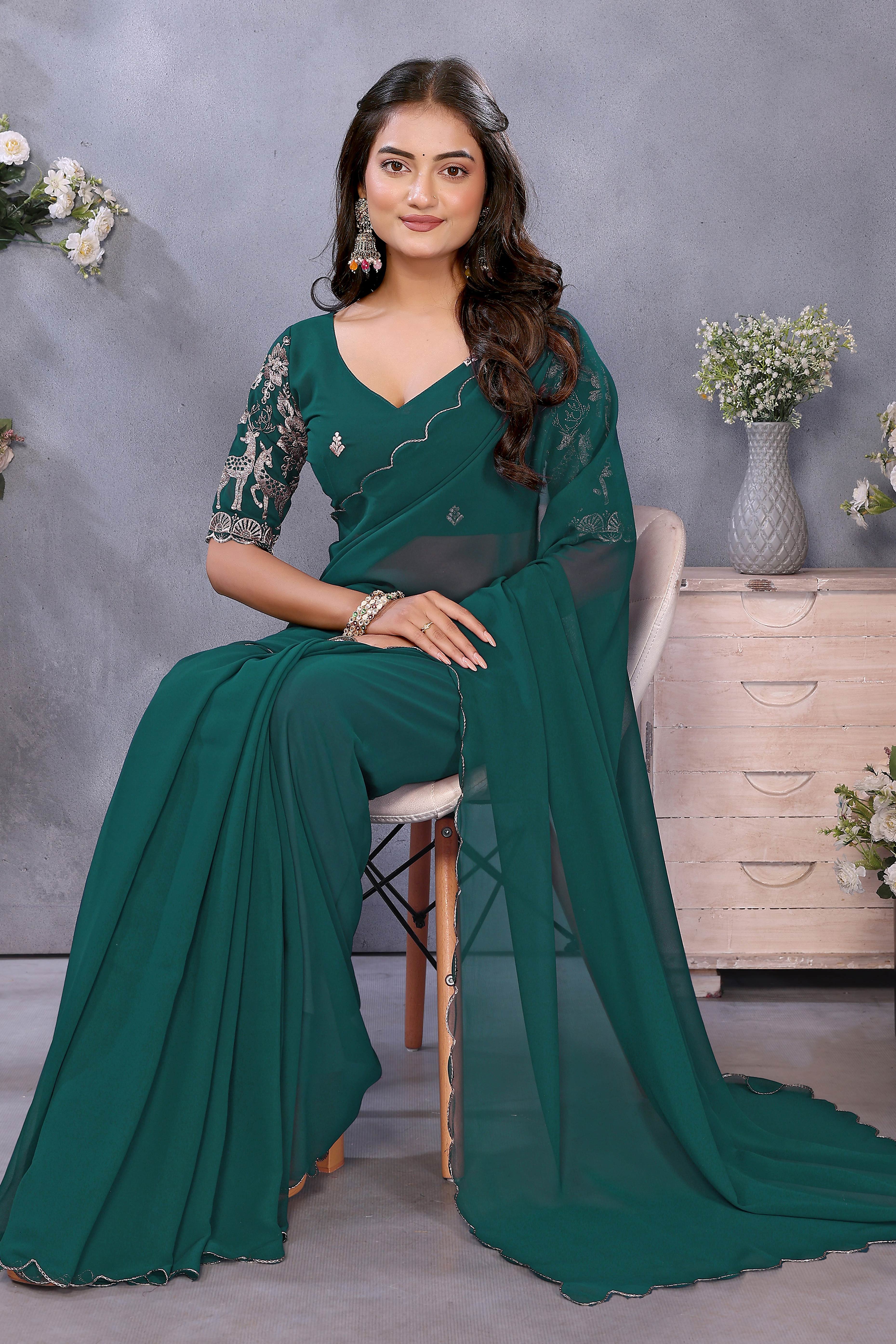 Sophisticated Morpich Green Party Wear Saree in Flowing Georgette Fabric With Embellished Blouse