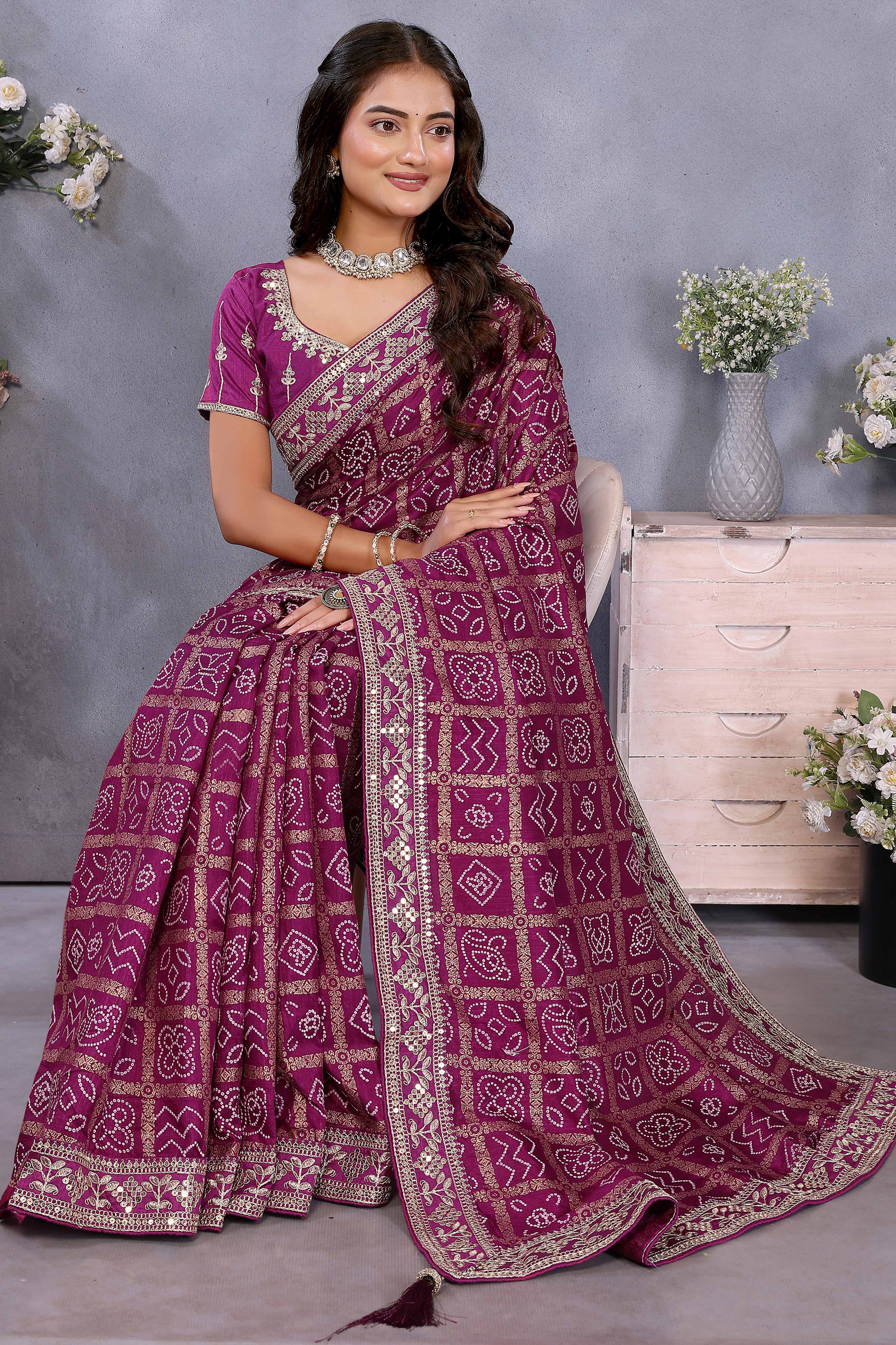 Purple Vichitra Silk Saree Highlighted with Bandhani Print and Sequins Embroidered Border