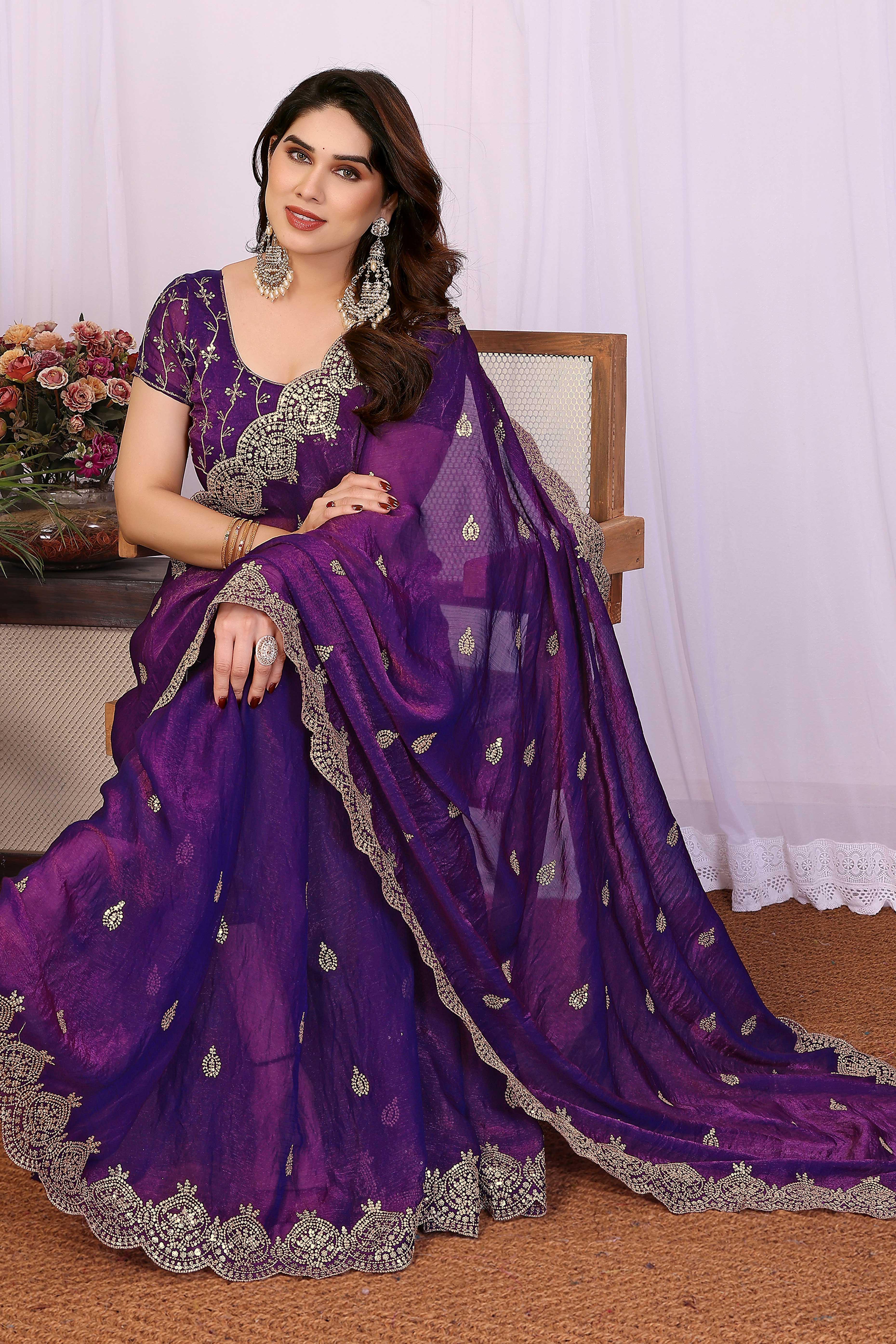 Violet Sequins Work Embroidered Chiffon Partywear Saree with Graceful Shine and Soft Texture