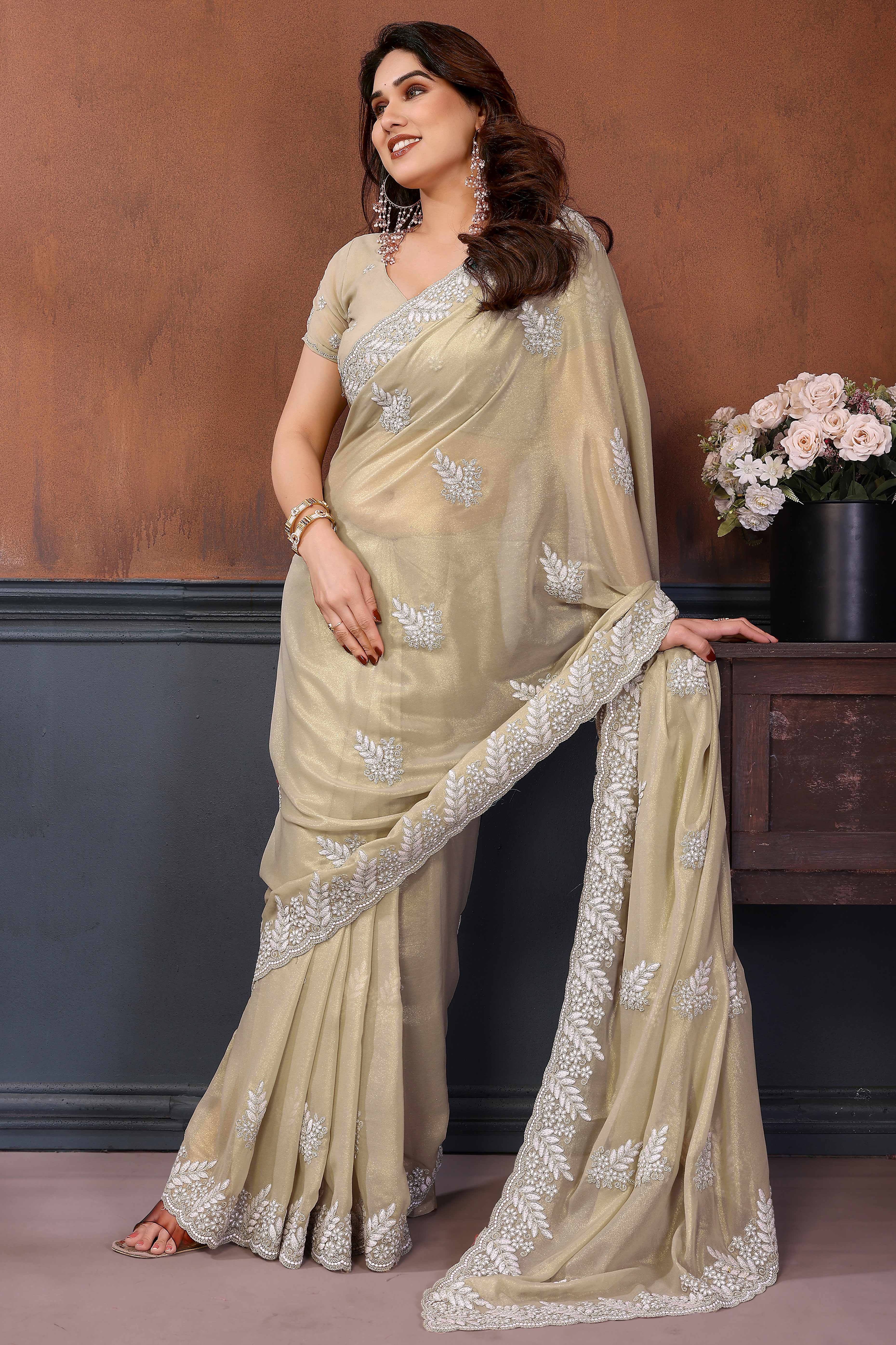 Gold Beige Thread Work Embroidered Georgette Partywear Saree with Elegant Designer Finish