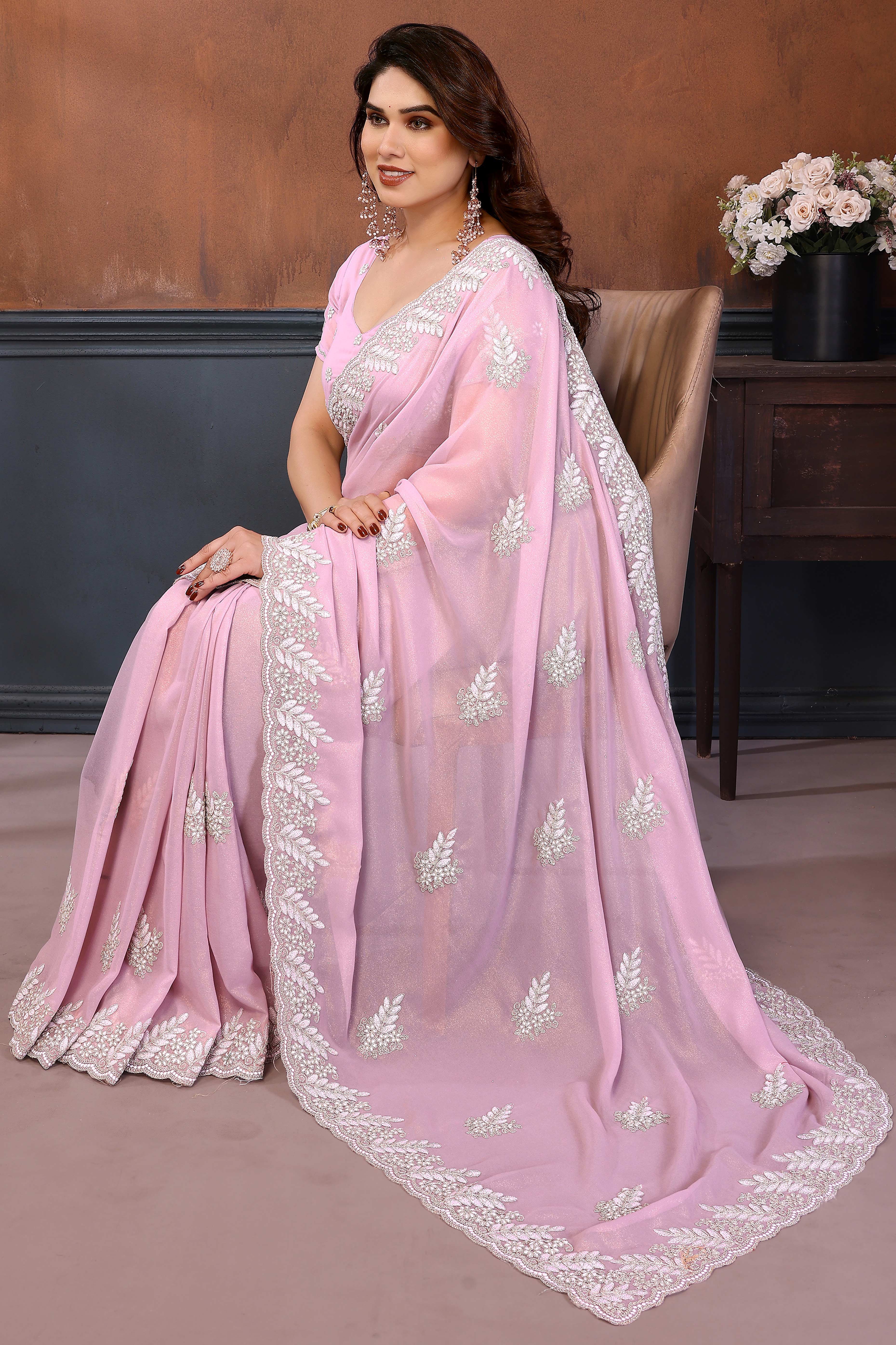 Baby Pink Thread Work Embroidered Georgette Saree Beautiful Partywear with Soft Draping