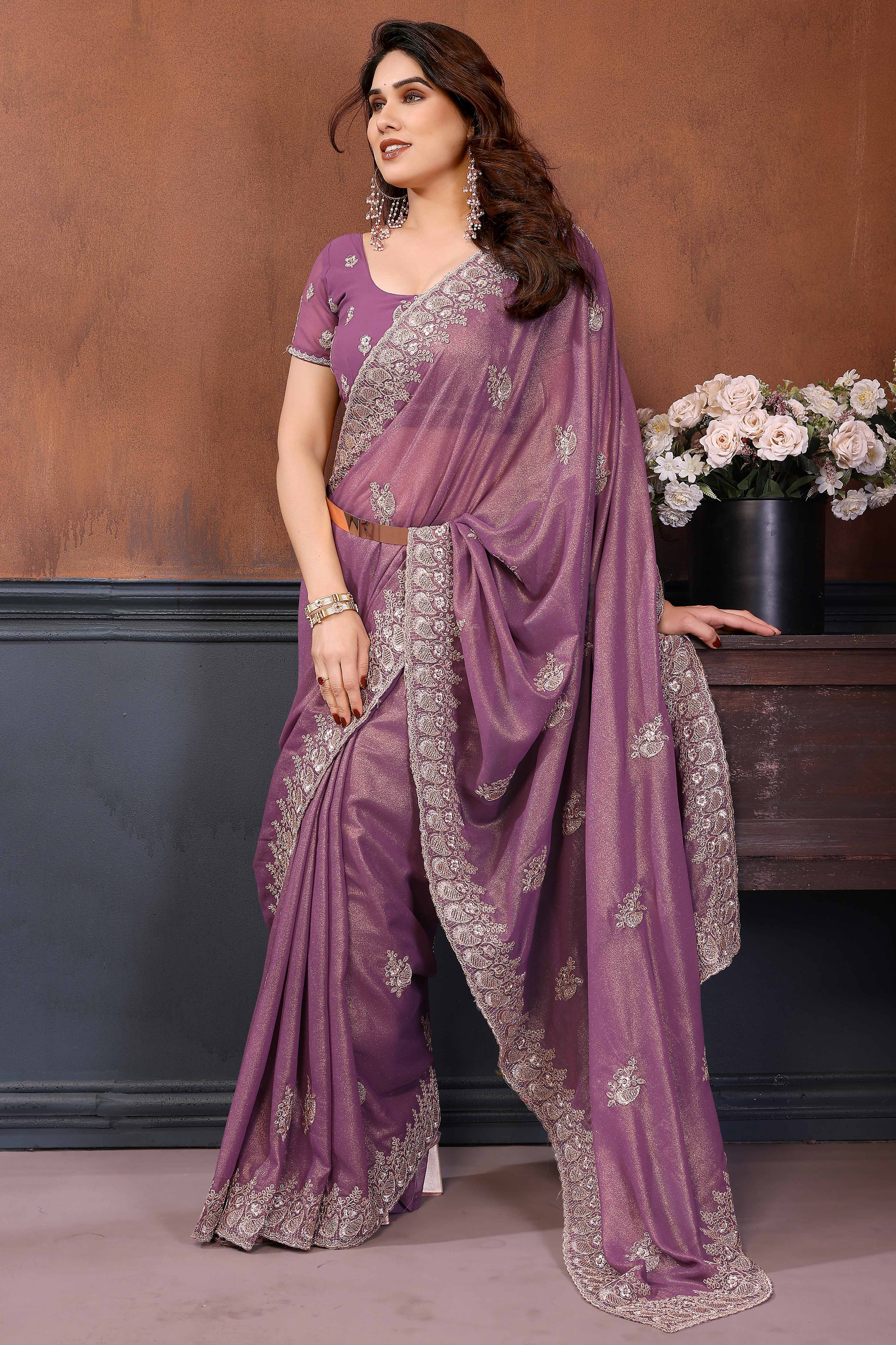 Mauve Thread Work Embroidered Georgette Partywear Saree with Intricate Detailing
