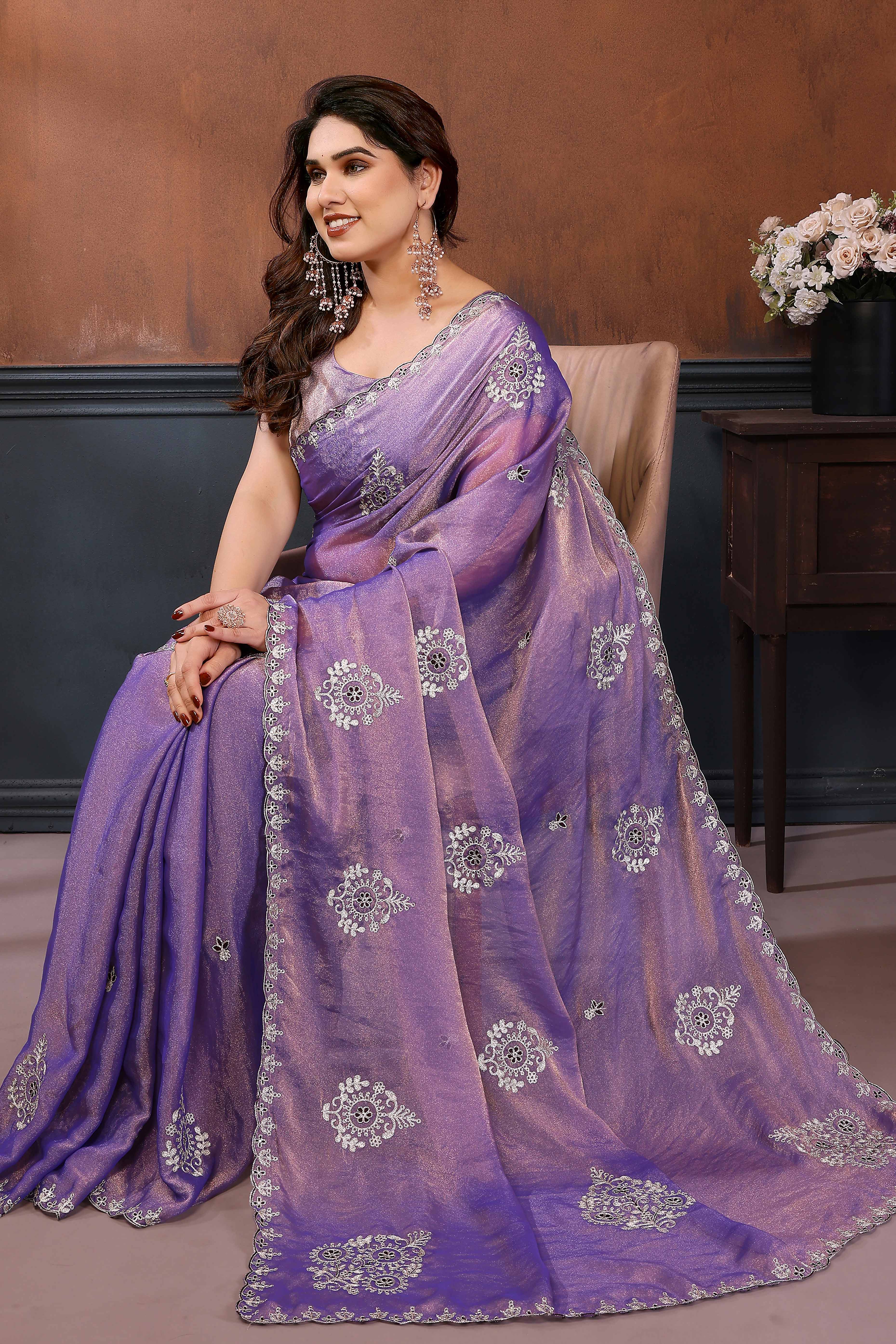 Lavender Thread Work Embroidered Chiffon Partywear Saree with Delicate Designer Look