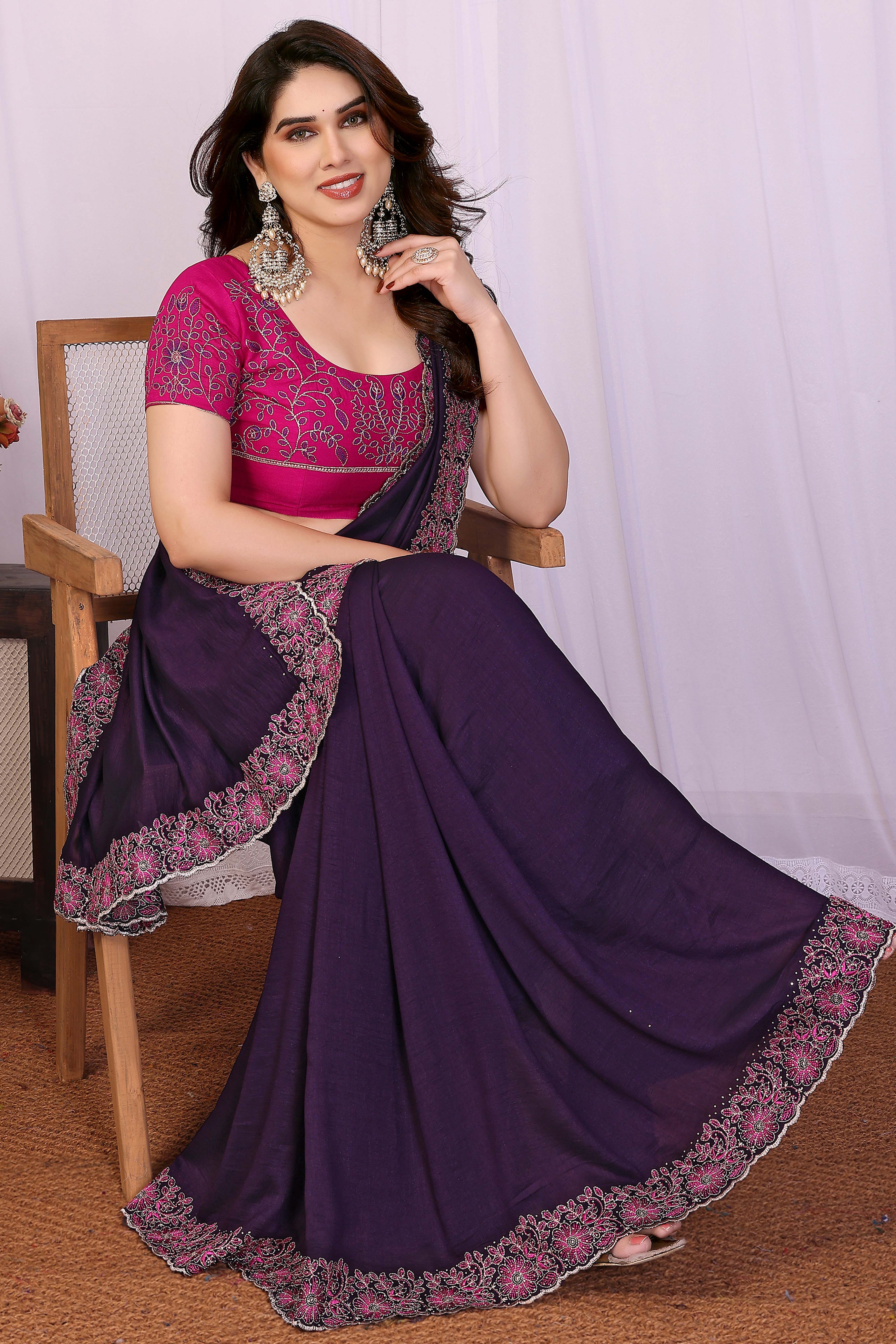 Purple Thread Work Embroidered Vichitra Silk Partywear Saree with Lustrous Finish