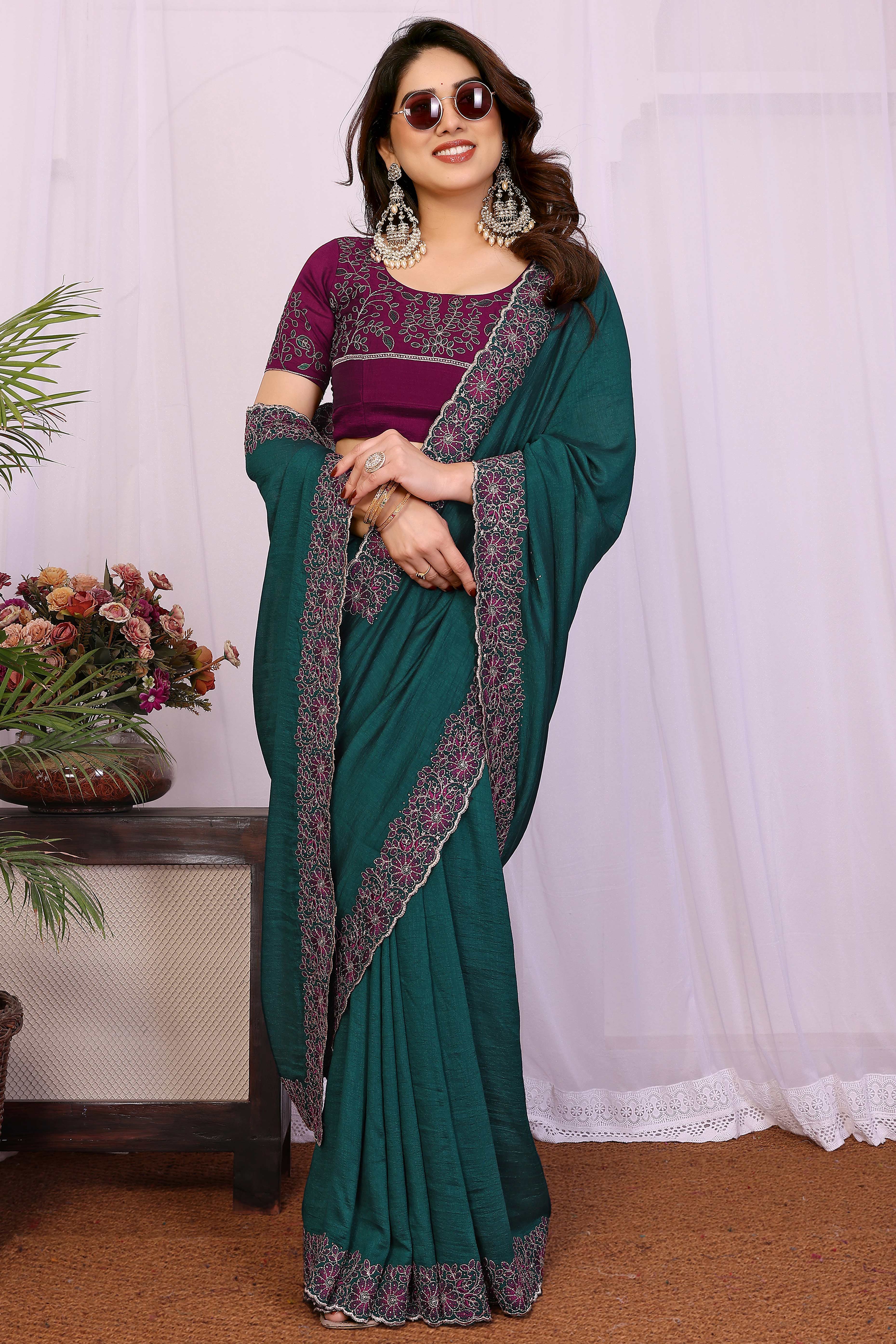 Morpich Green Thread Work Embroidered Vichitra Silk Saree Premium Partywear with Elegant Design