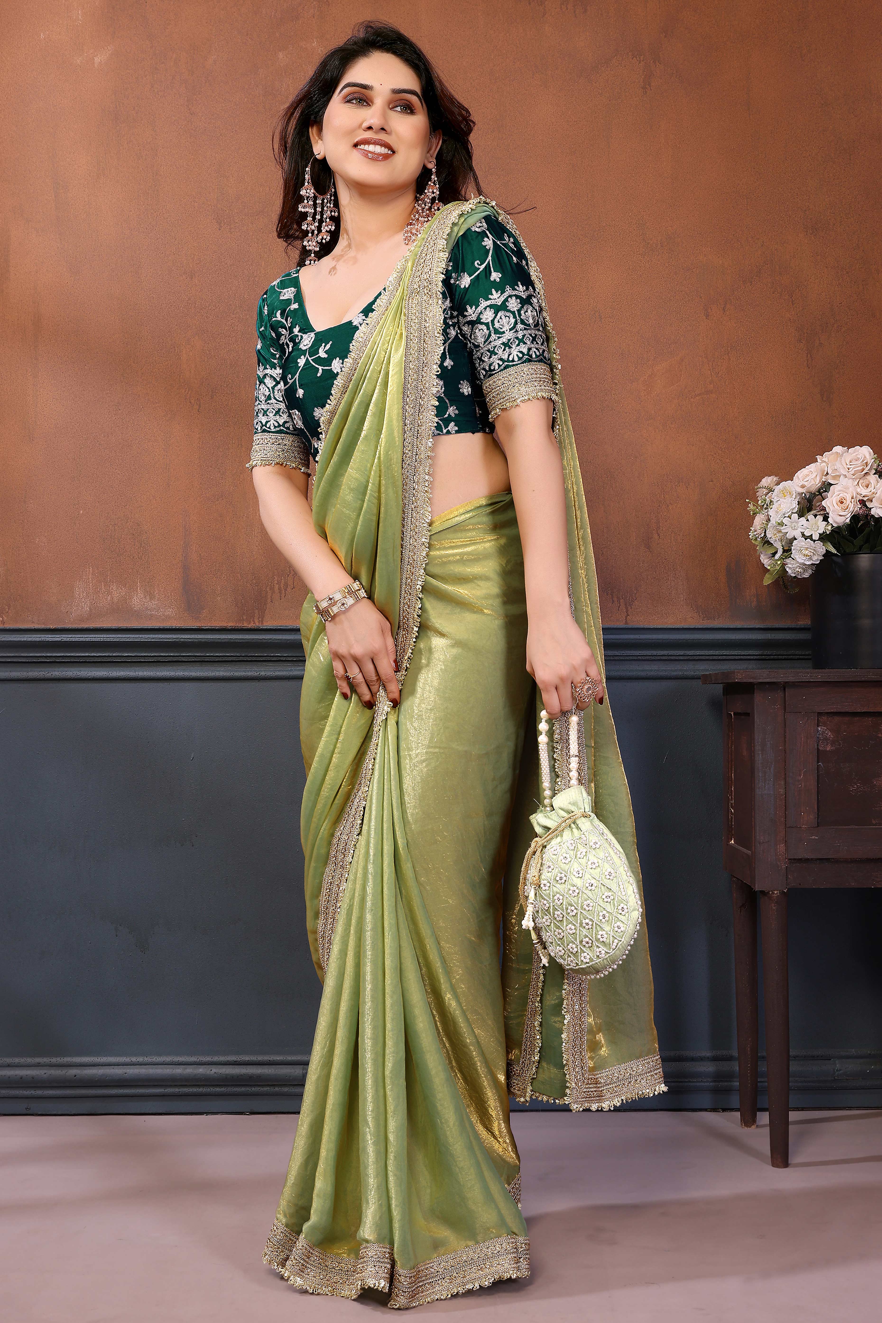 Mint Green Solid Satin Saree with Sequins Work Embroidery Elegant Partywear Drape