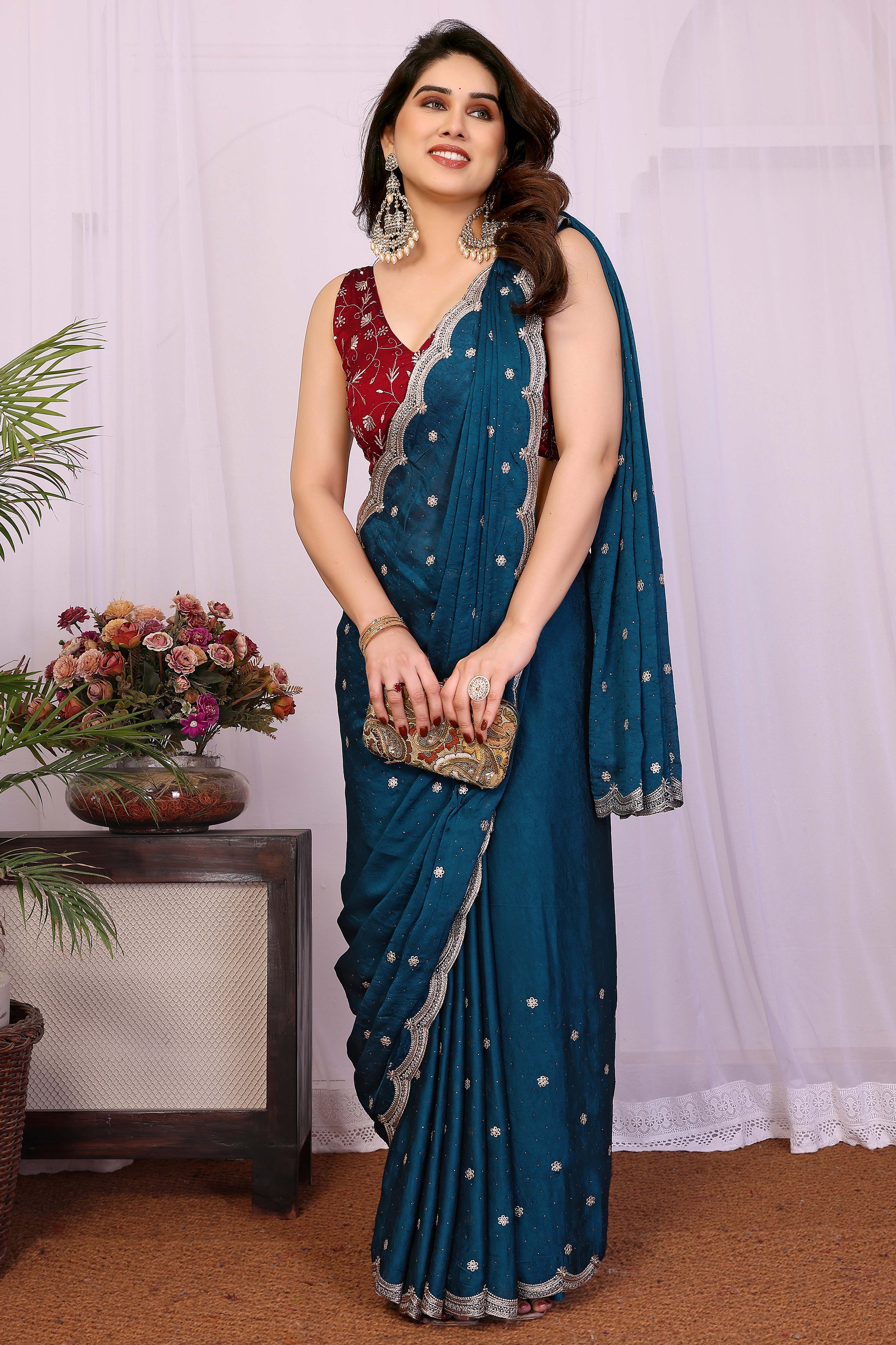 Teal Thread Work Embroidered Vichitra Silk Saree Stunning Partywear with Luxurious Finish