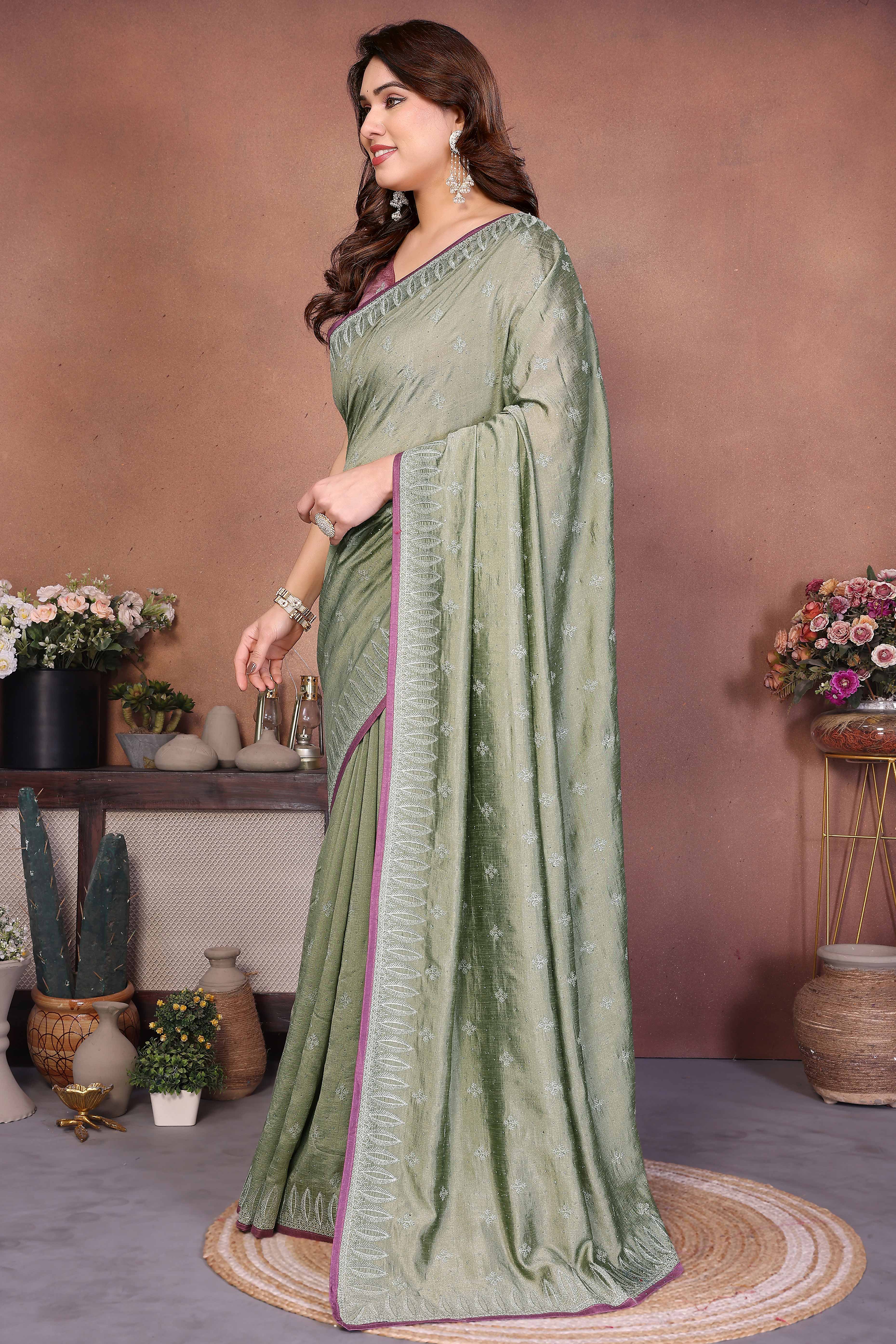 Dusty Green Designer Vichitra Silk Saree Enhanced with Delicate Thread Work Embroidery