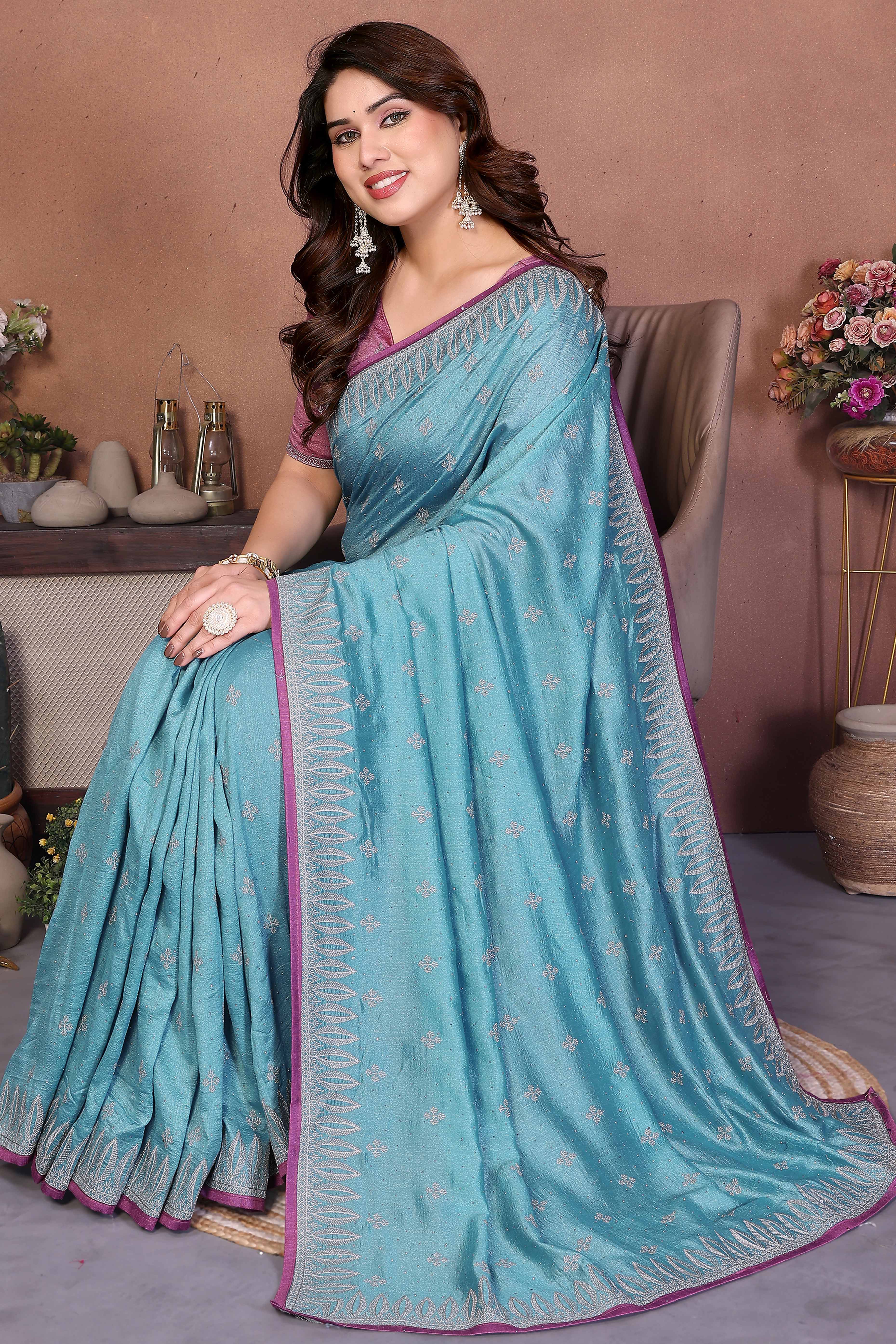Teal Designer Vichitra Silk Saree Enhanced with Delicate Thread Work Embroidery