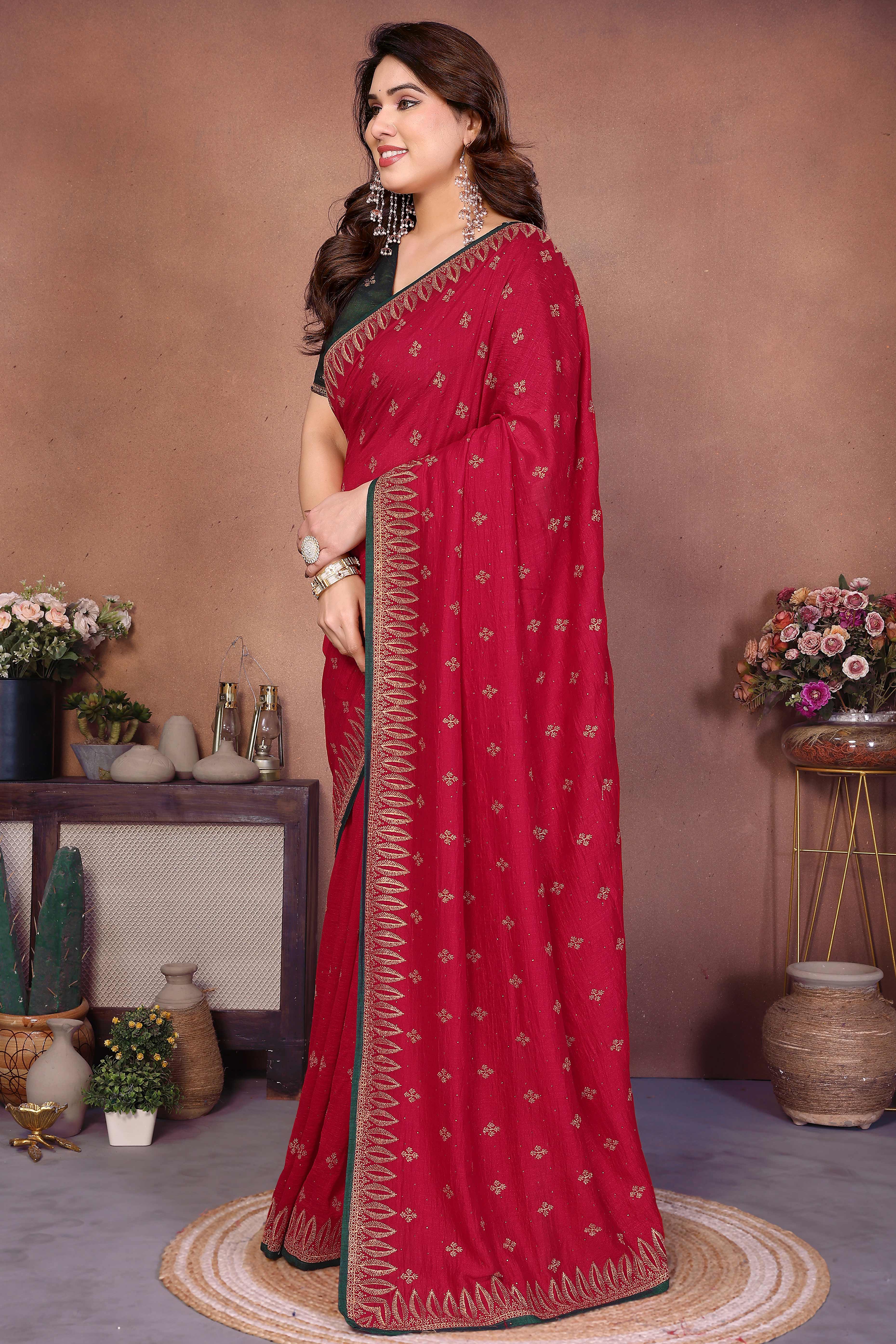 Crimson Red Designer Vichitra Silk Saree Enhanced with Delicate Thread Work Embroidery