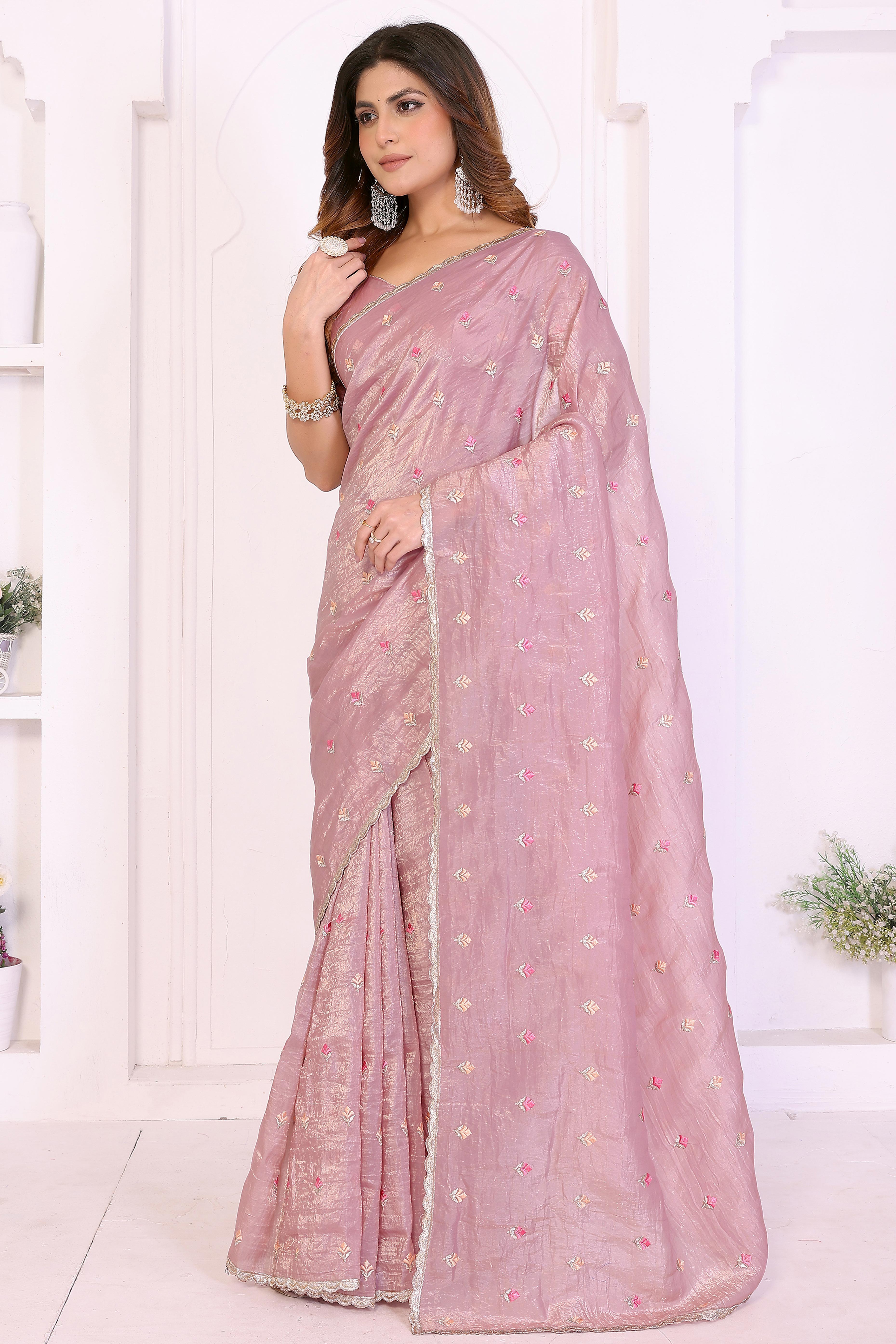 Pink Designer Crepe Saree Enhanced with Delicate Thread Work Embroidery