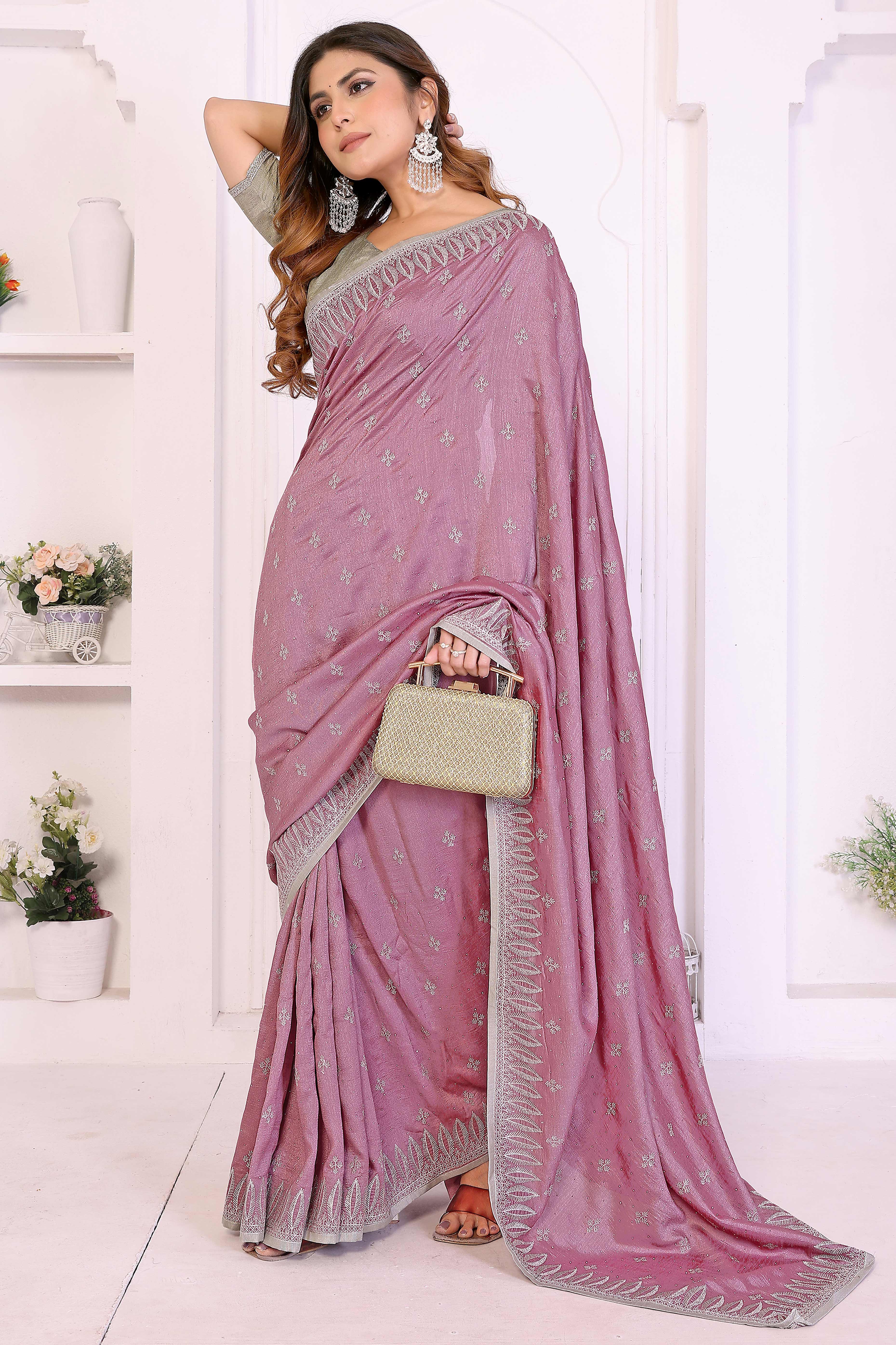 Mauve Designer Vichitra Silk Saree Enhanced with Delicate Thread Work Embroidery