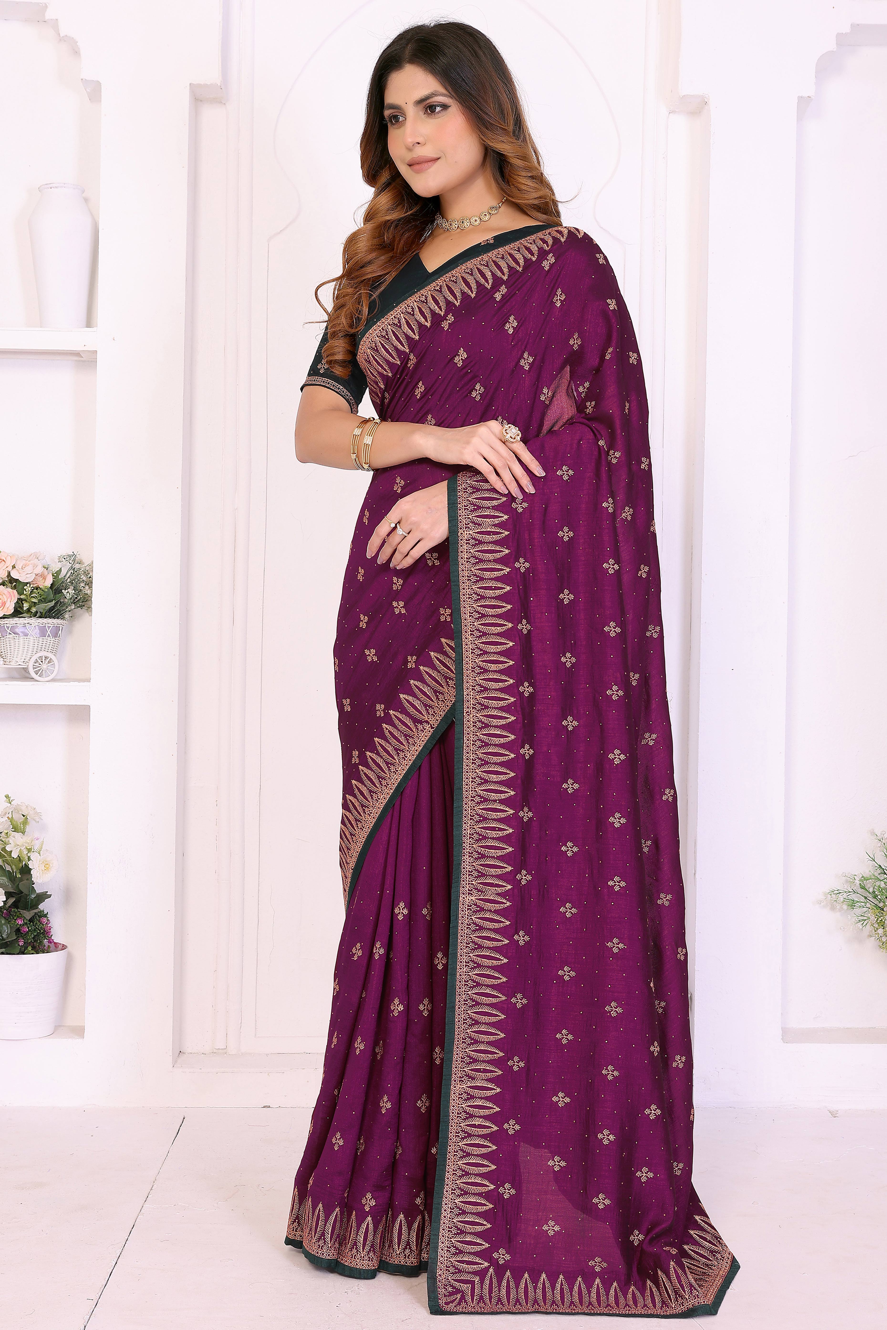Purple Designer Vichitra Silk Saree Enhanced with Delicate Thread Work Embroidery