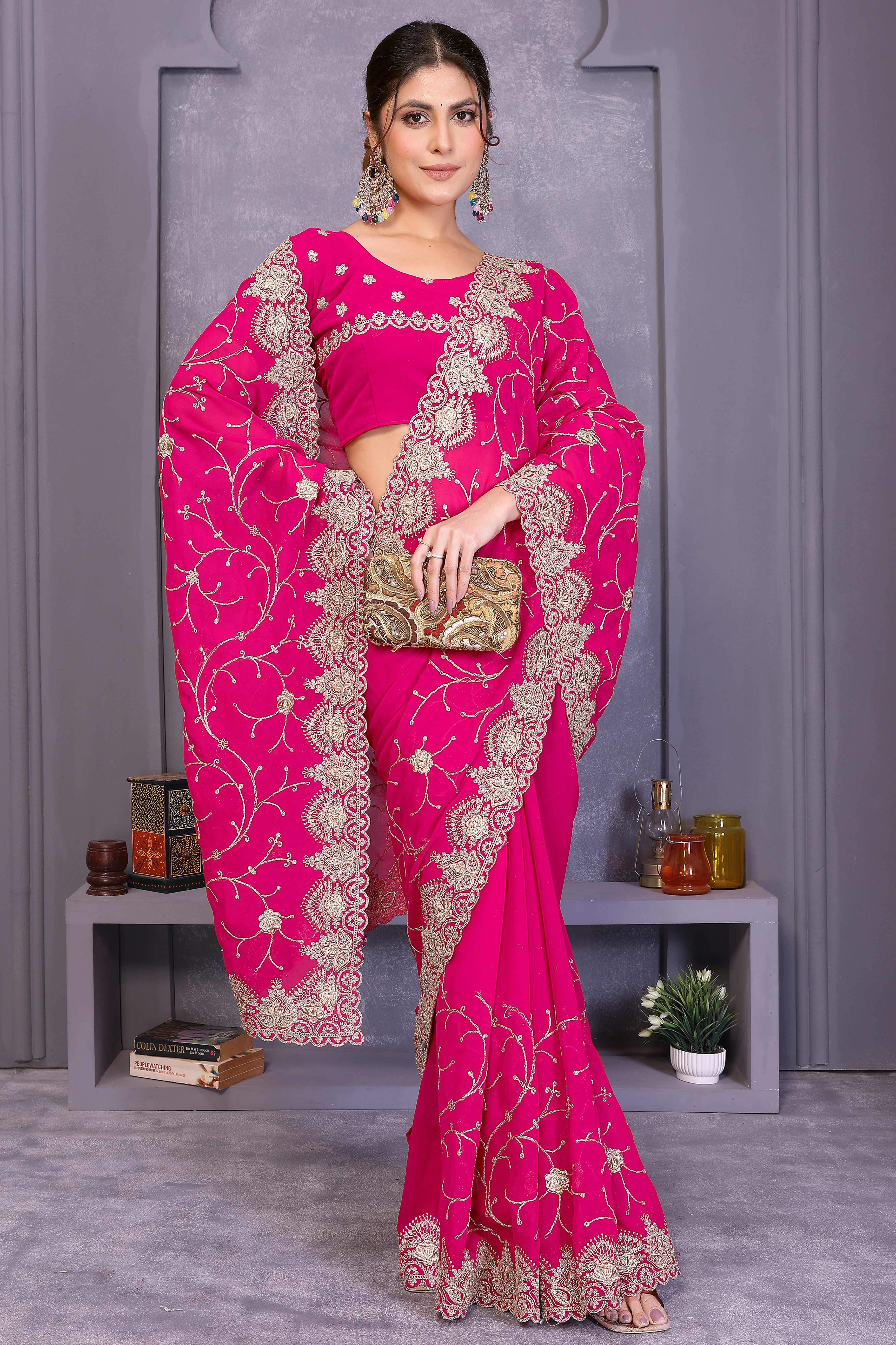 Pink Designer Georgette Saree Enhanced with Delicate Thread Work Embroidery