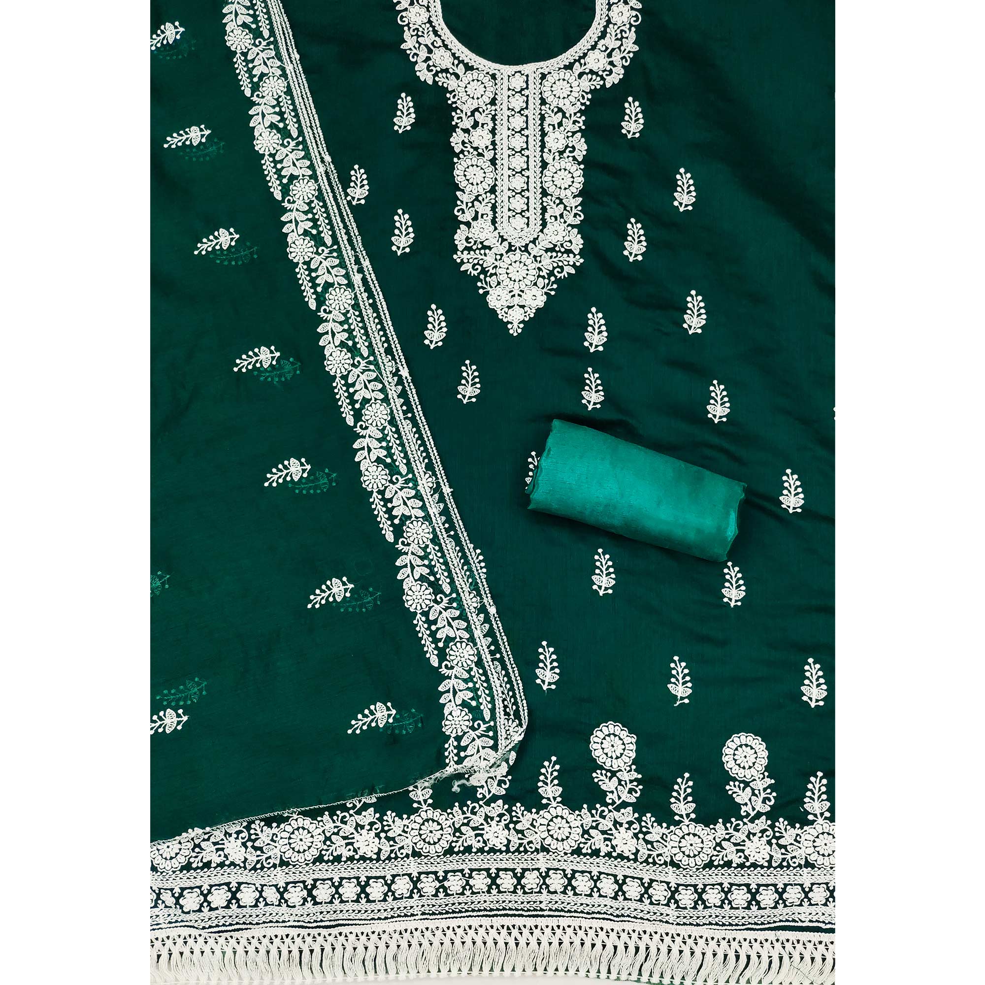 Green Floral Embroidered Modal Dress Material