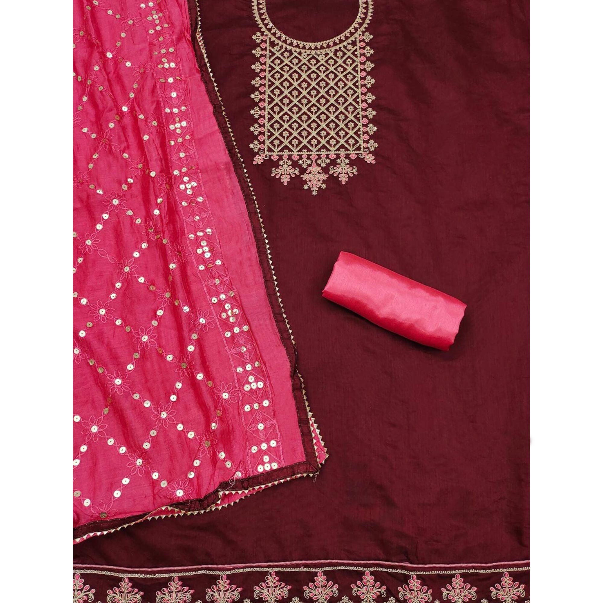 Maroon Floral Embroidered Modal Dress Material