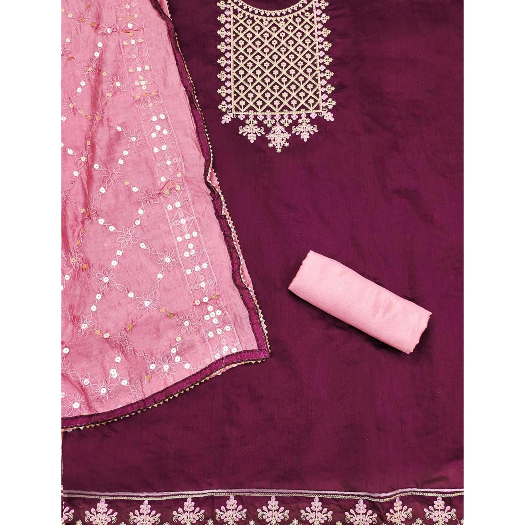 Wine Floral Embroidered Modal Dress Material