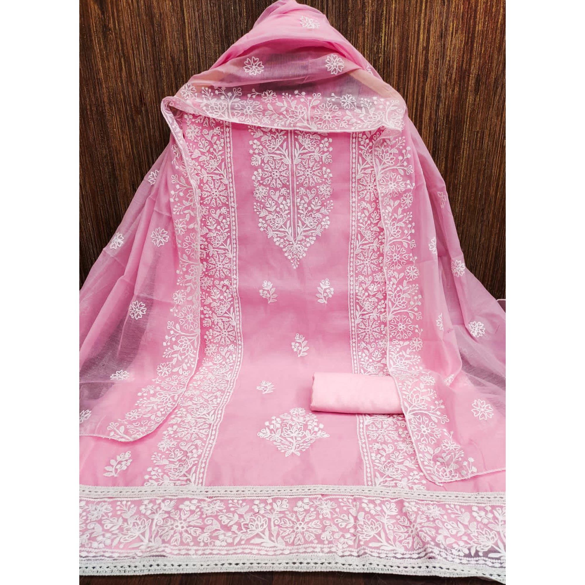 Pink Floral Embroidered Modal Dress Material