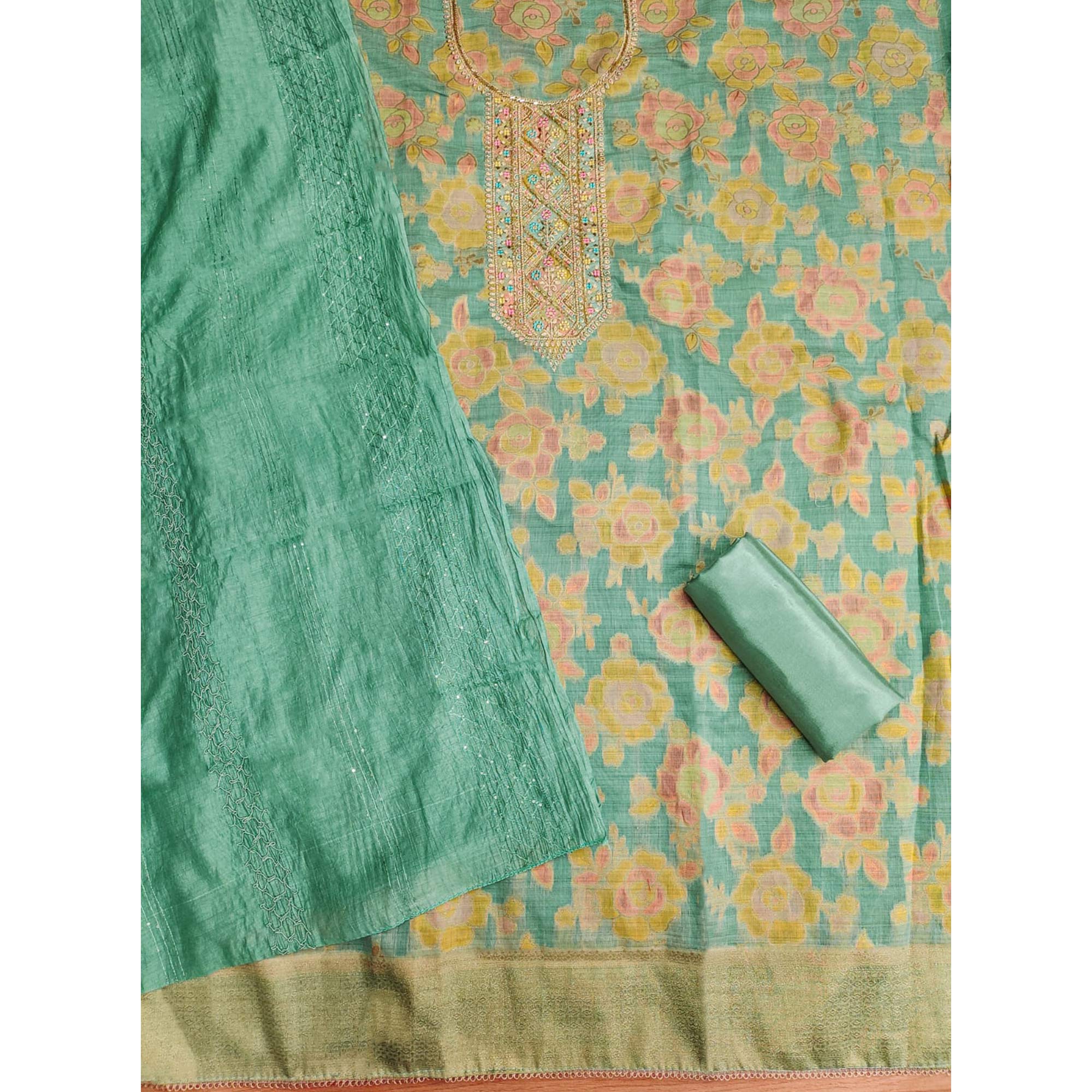 Turquoise Floral Embroidered Modal Dress Material