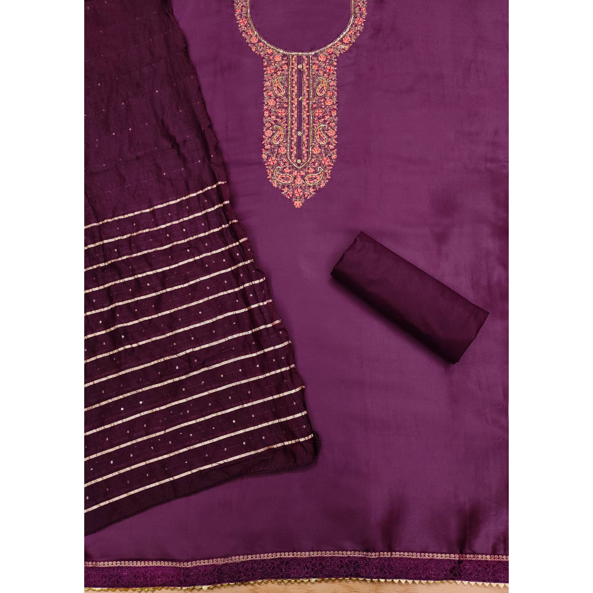 Wine Embroidered Cotton Blend Dress Material