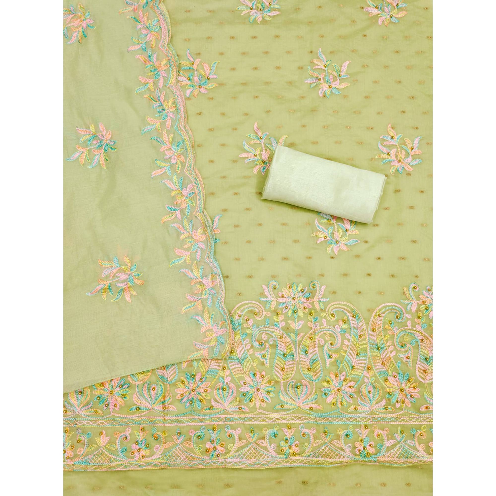 Green Floral Embroidered Chanderi Dress Material