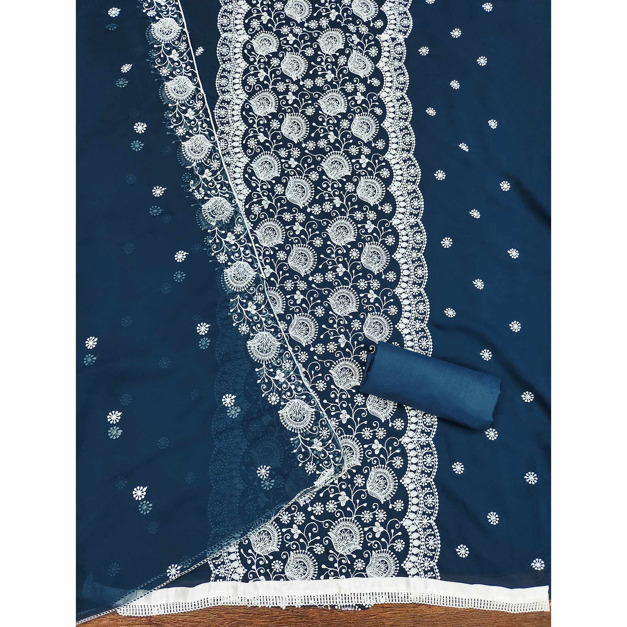 Blue Floral Embroidered Georgette Dress Material