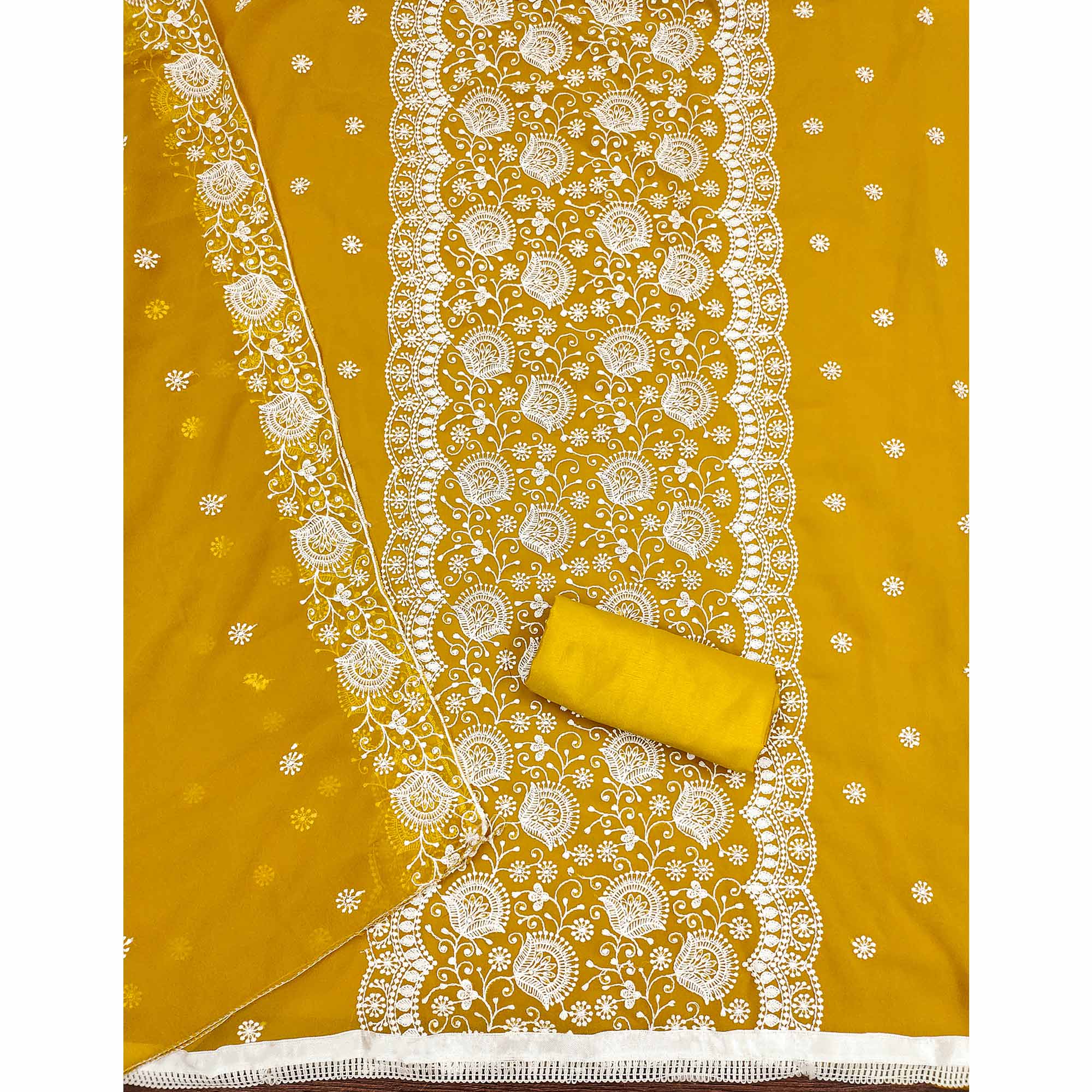 Mustard Floral Embroidered Georgette Dress Material